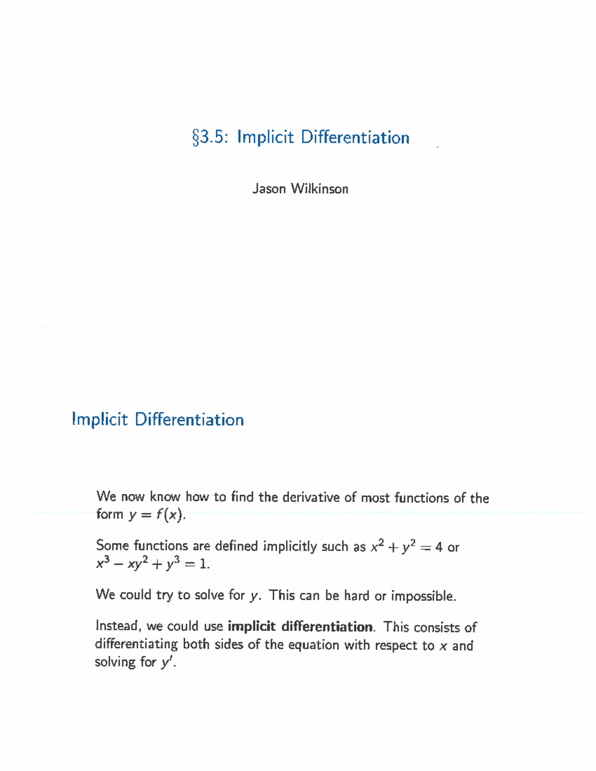 3.5 Implicit Differentiation Notes - Instructor: Jason Wilkinson - Studocu