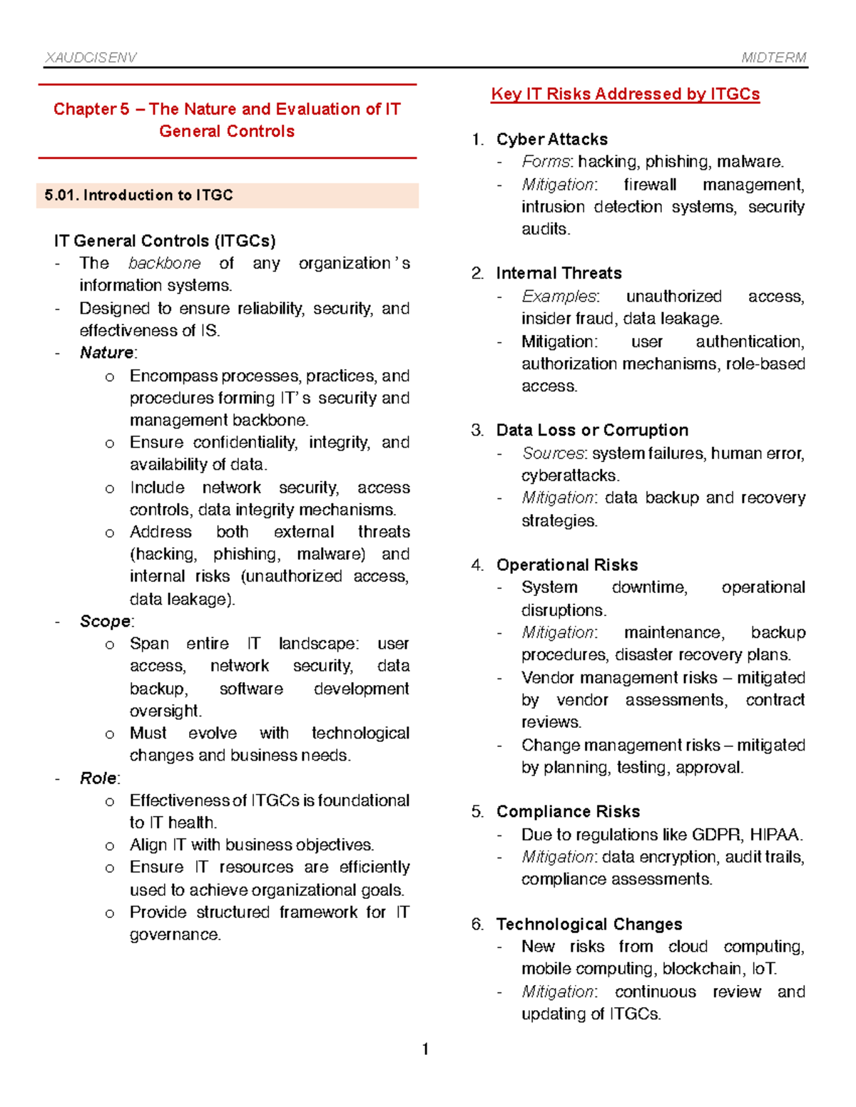 XAUDCISENV MIDTERM Key IT Risks and ITGCs Overview: Chapter 5 Insights ...