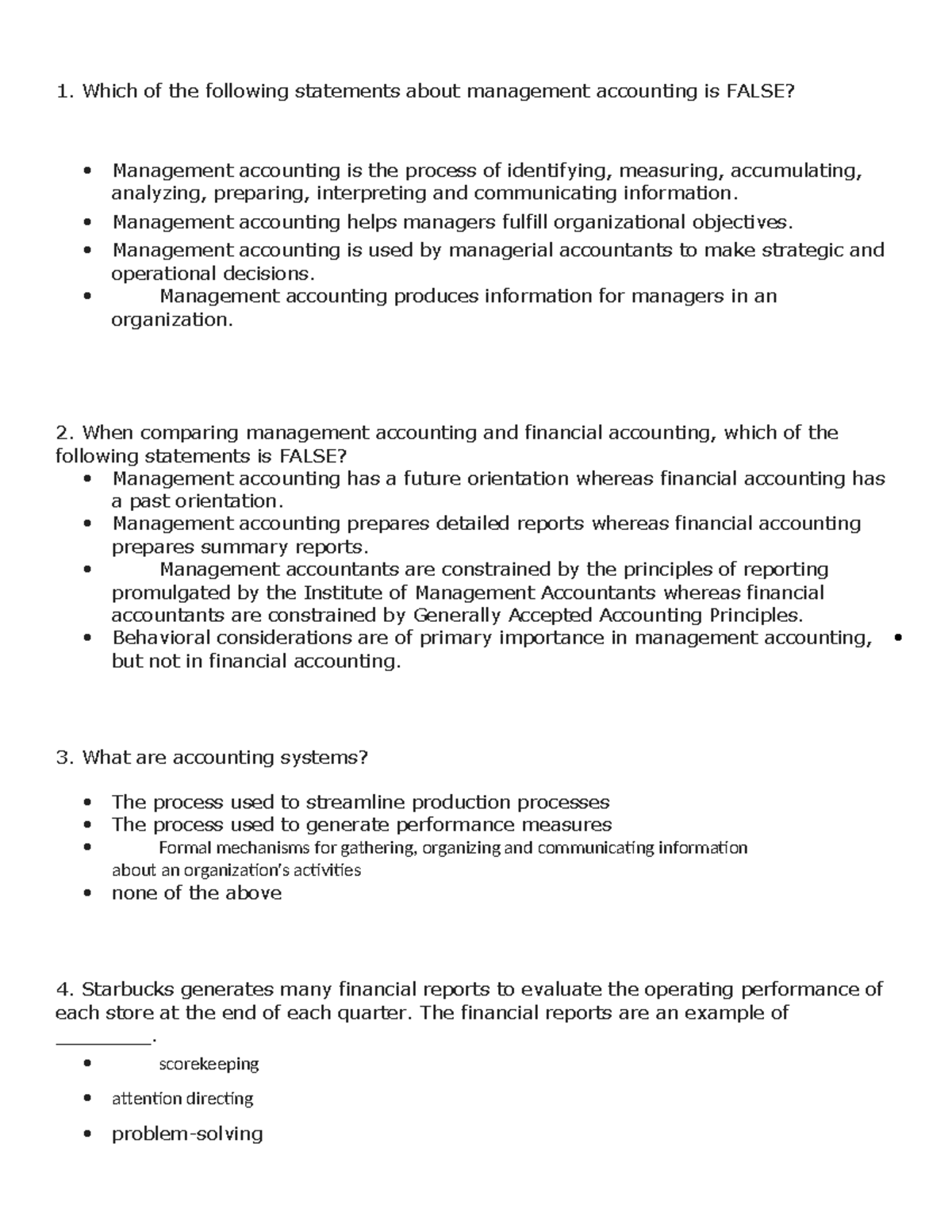 Final Exam Practice Questions for Management Accounting (ACCT 101 ...