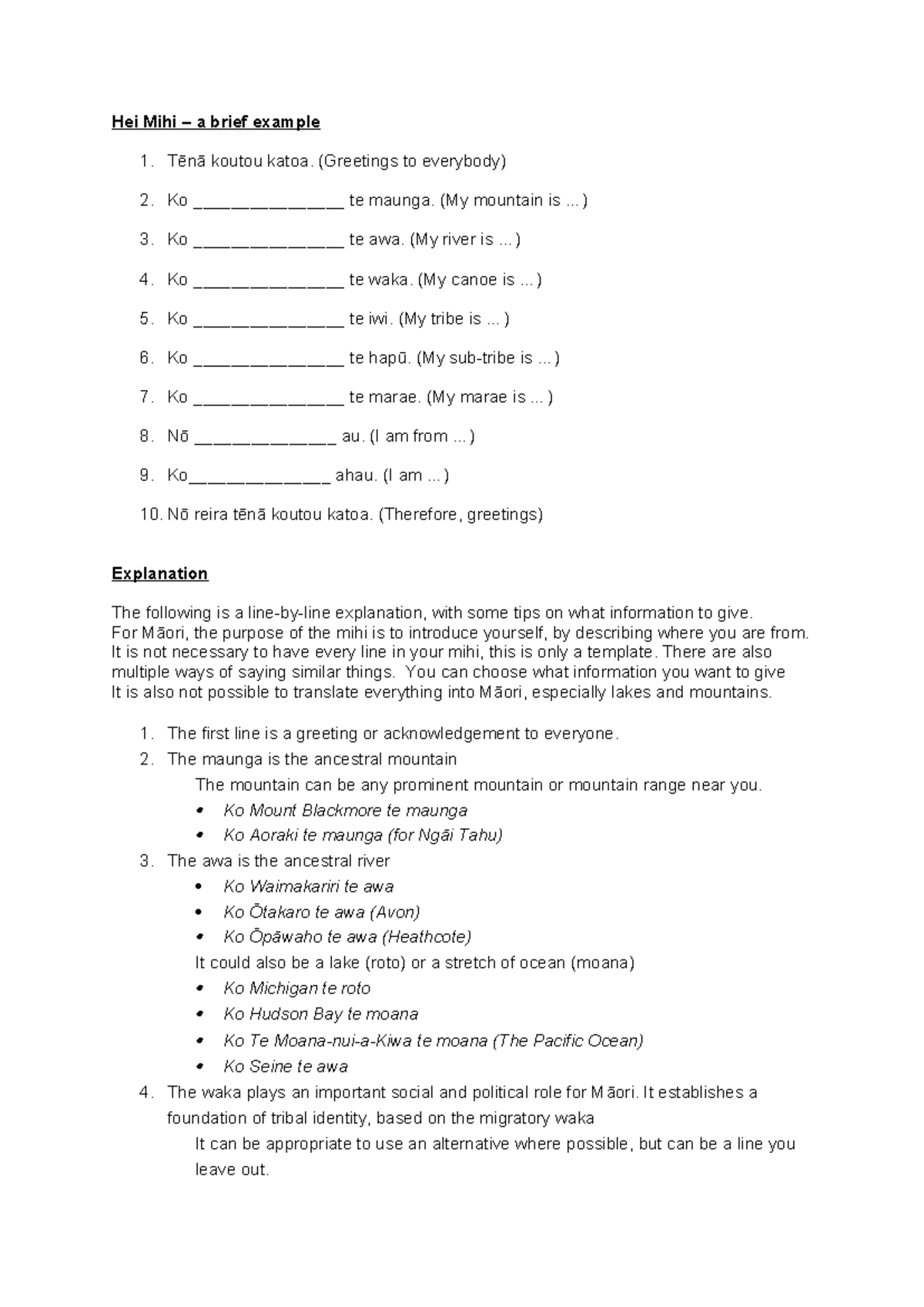 Mihimihi Introduction Notes: Hei Mihi Template and Explanation - Studocu