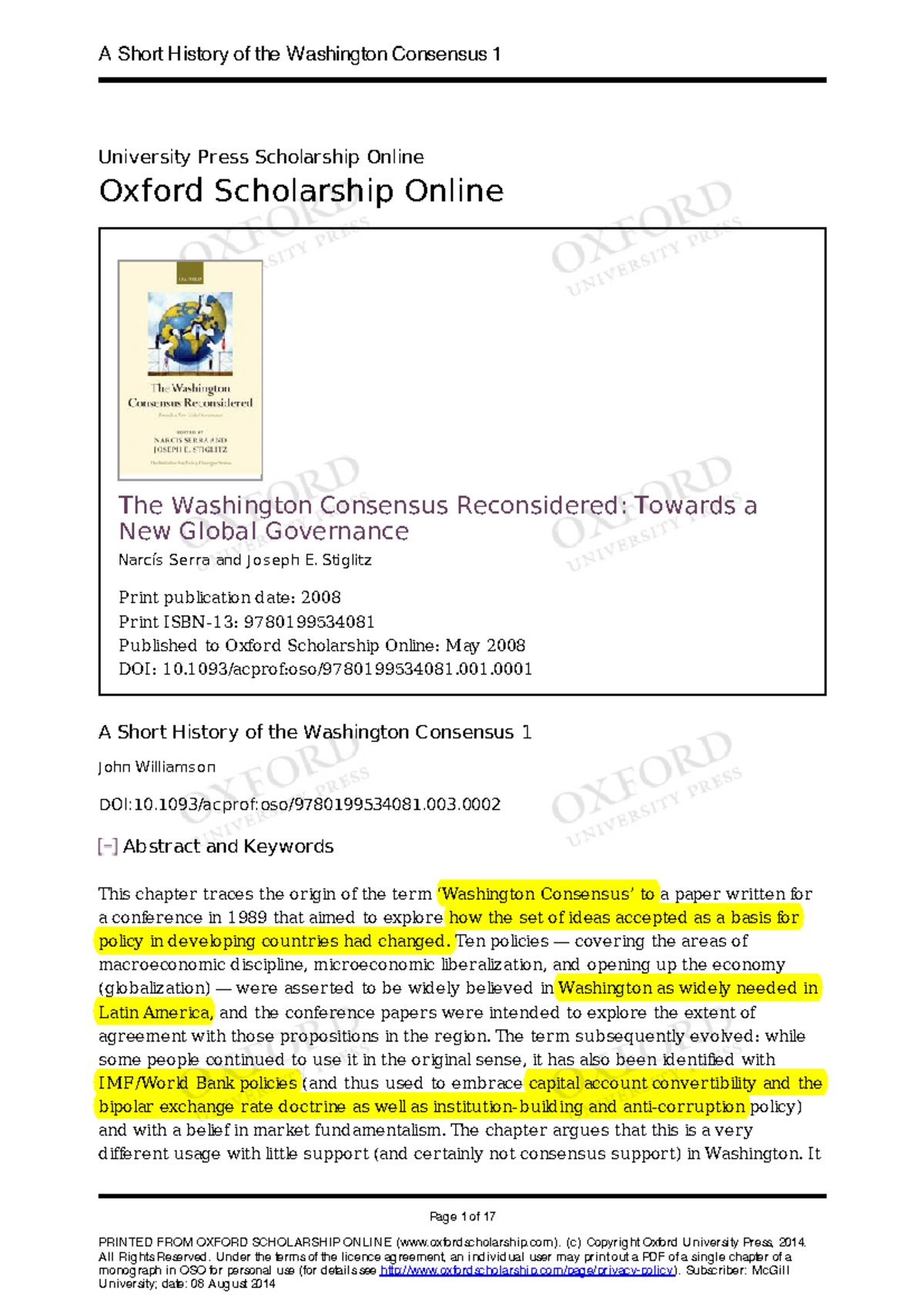 A Short History of the Washington Consensus: Analysis and Evolution ...