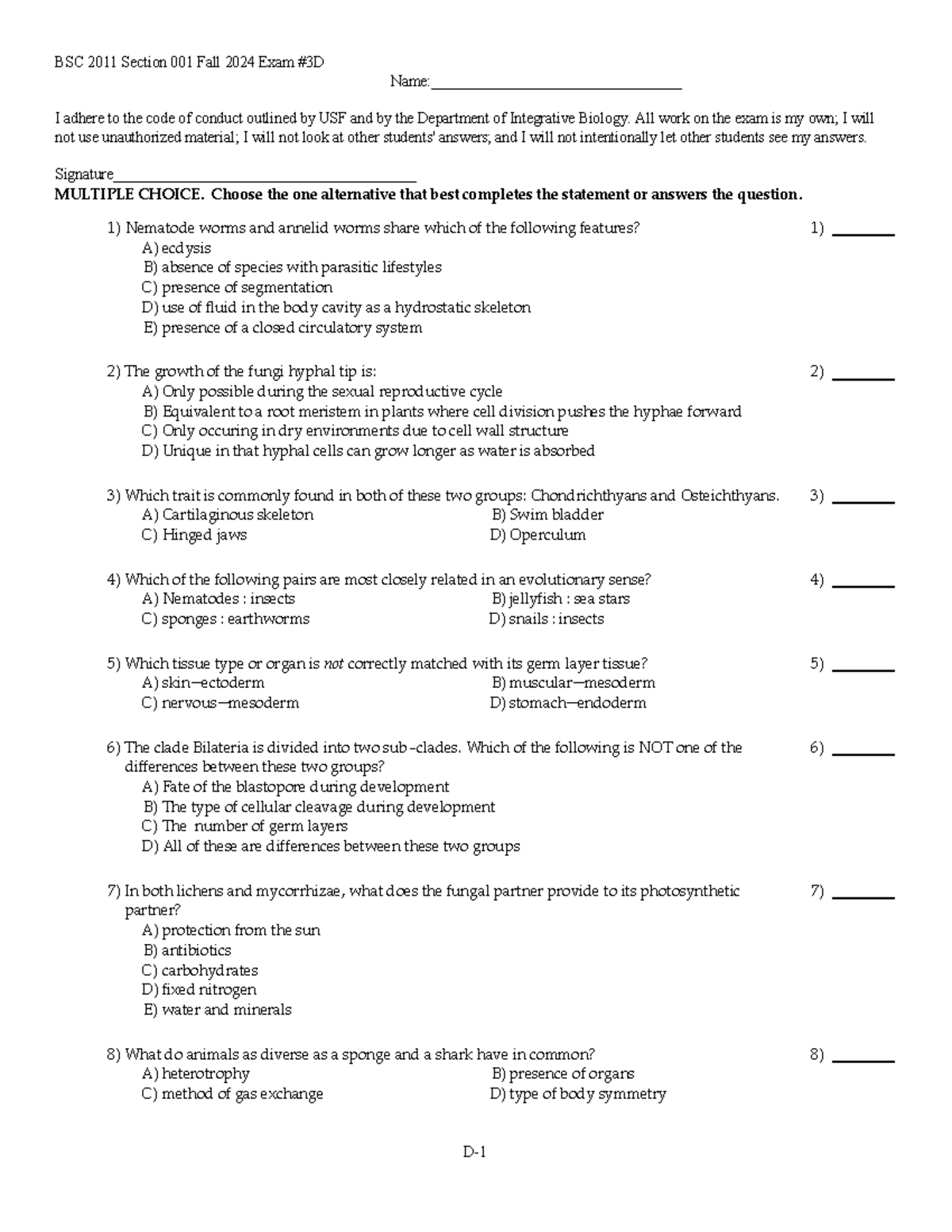 BSC 2011 Final Exam 3D - Fall 2024 Comprehensive Questions - Studocu