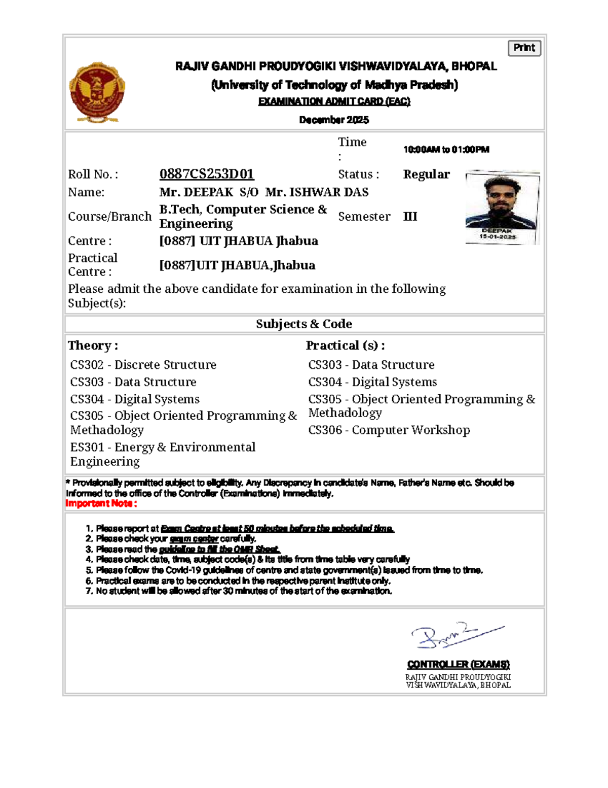 Admit Card for B.Tech CS Semester Exam - RGPGV Bhopal December 2025 ...