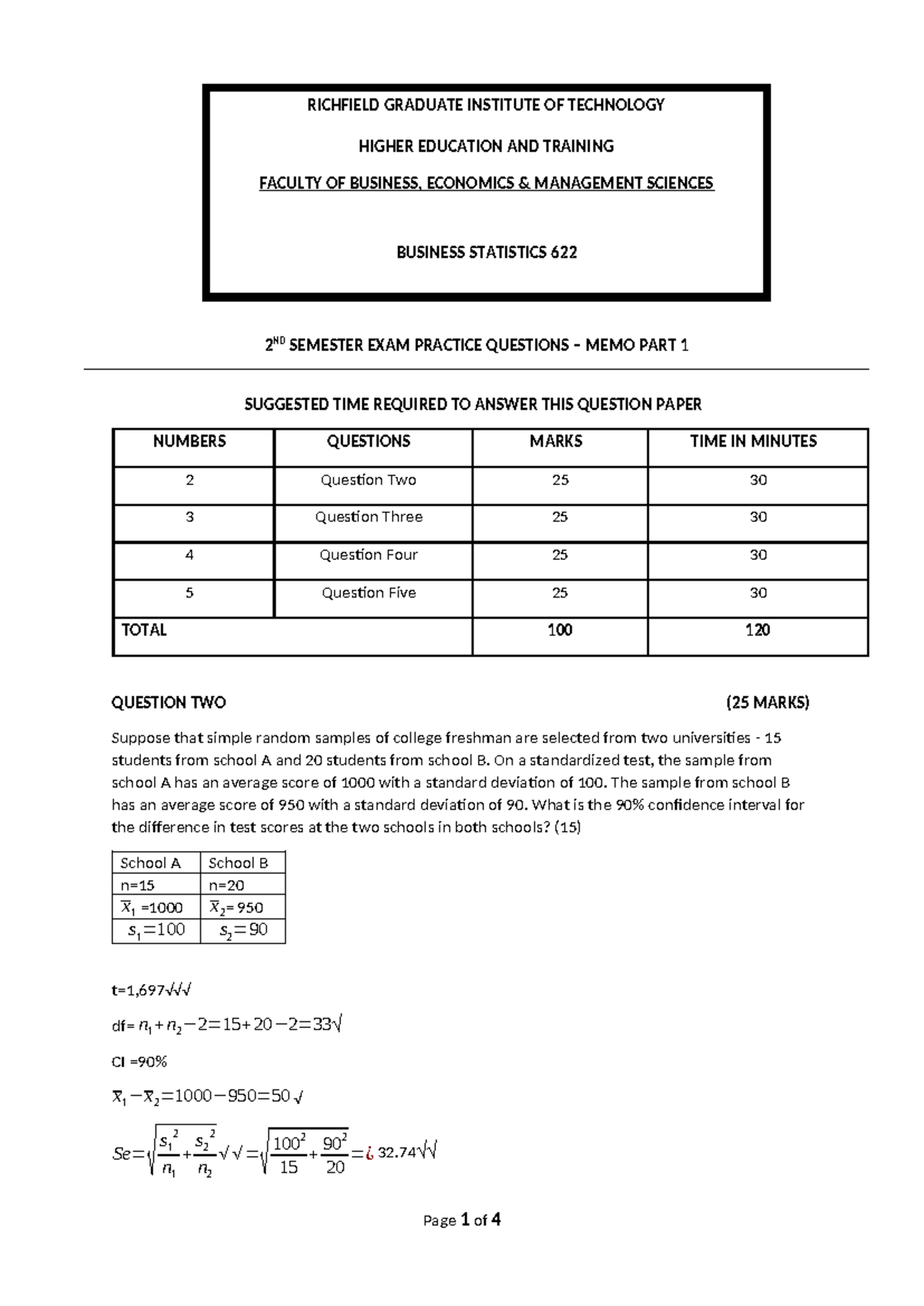 B Stats 622 2014 2nd Sem Exam Practice Questions Memo Part 1 - Studocu