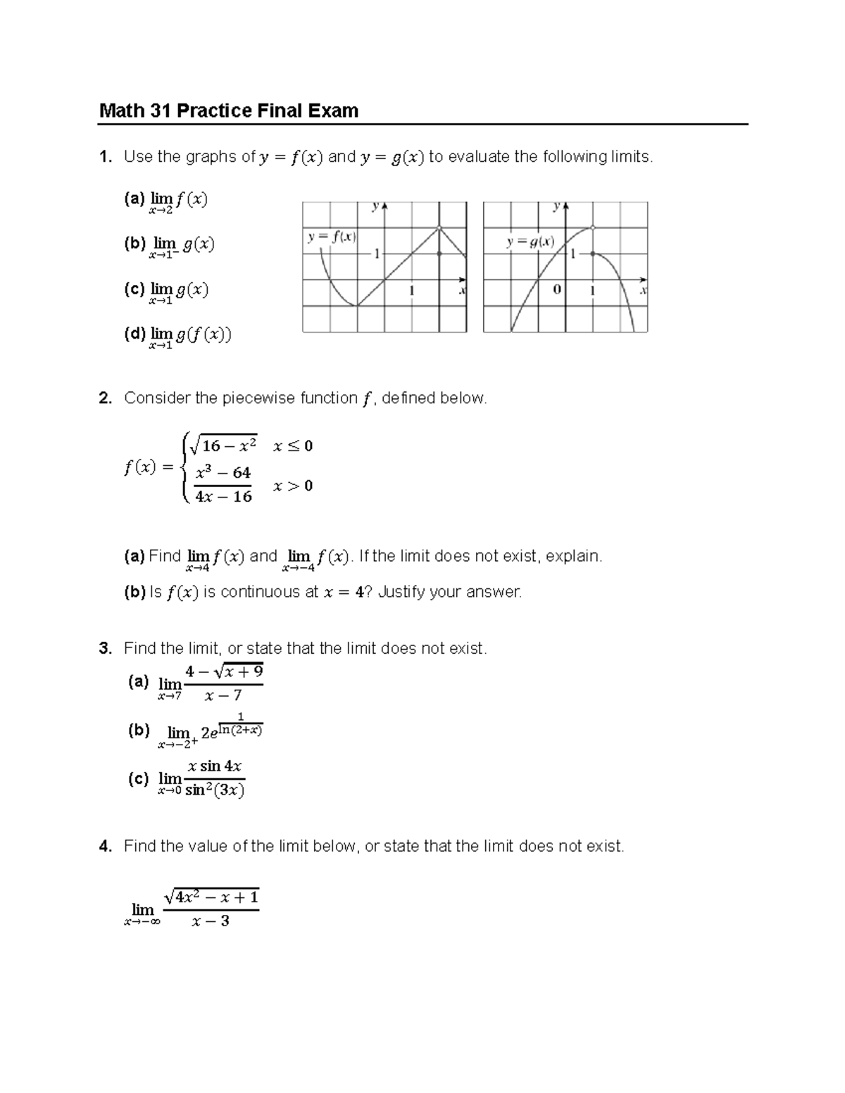 Math 31 Practice Final Exam: Limit Evaluations and Derivatives - Studocu
