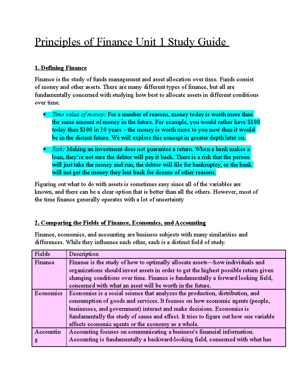 Principles of Finance FIN 101 Unit 1 Comprehensive Study Guide - Studocu