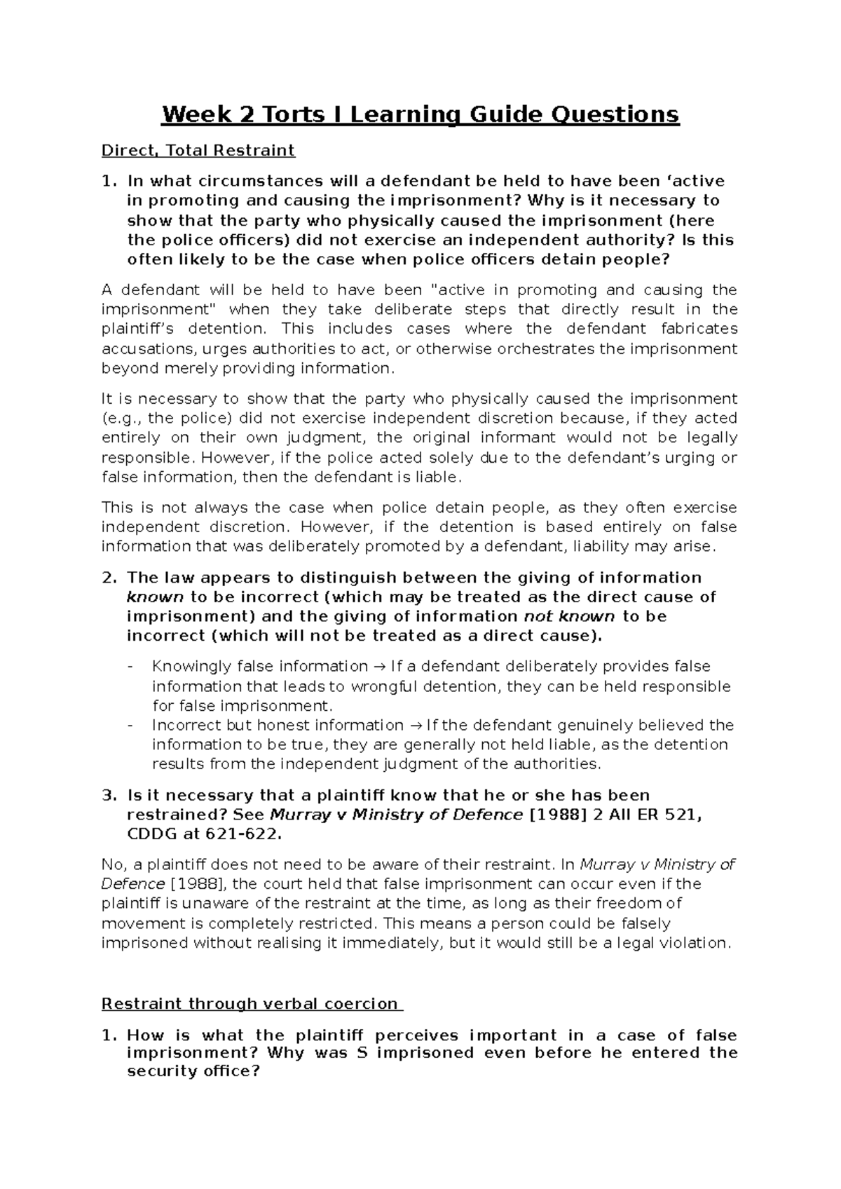 Week 2 Torts I Learning Guide: False Imprisonment Insights - Studocu