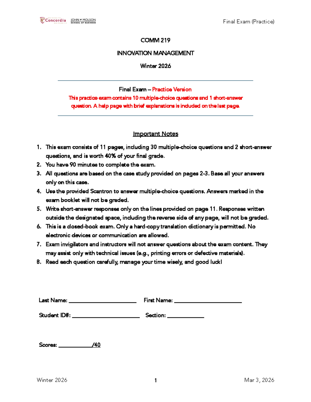 Final Exam Practice: COMM 219 Innovation Management Winter 2026 - Studocu