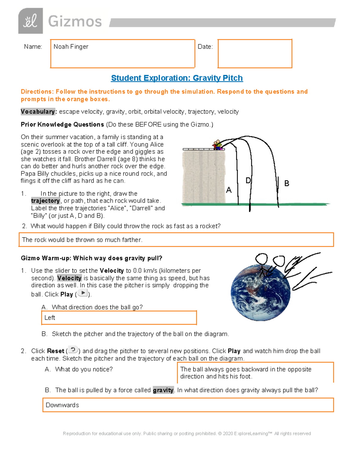 Noah Finger - Copy of Gravity Pitch SE - Name: Noah Finger Date: Student Exploration: Gravity ...