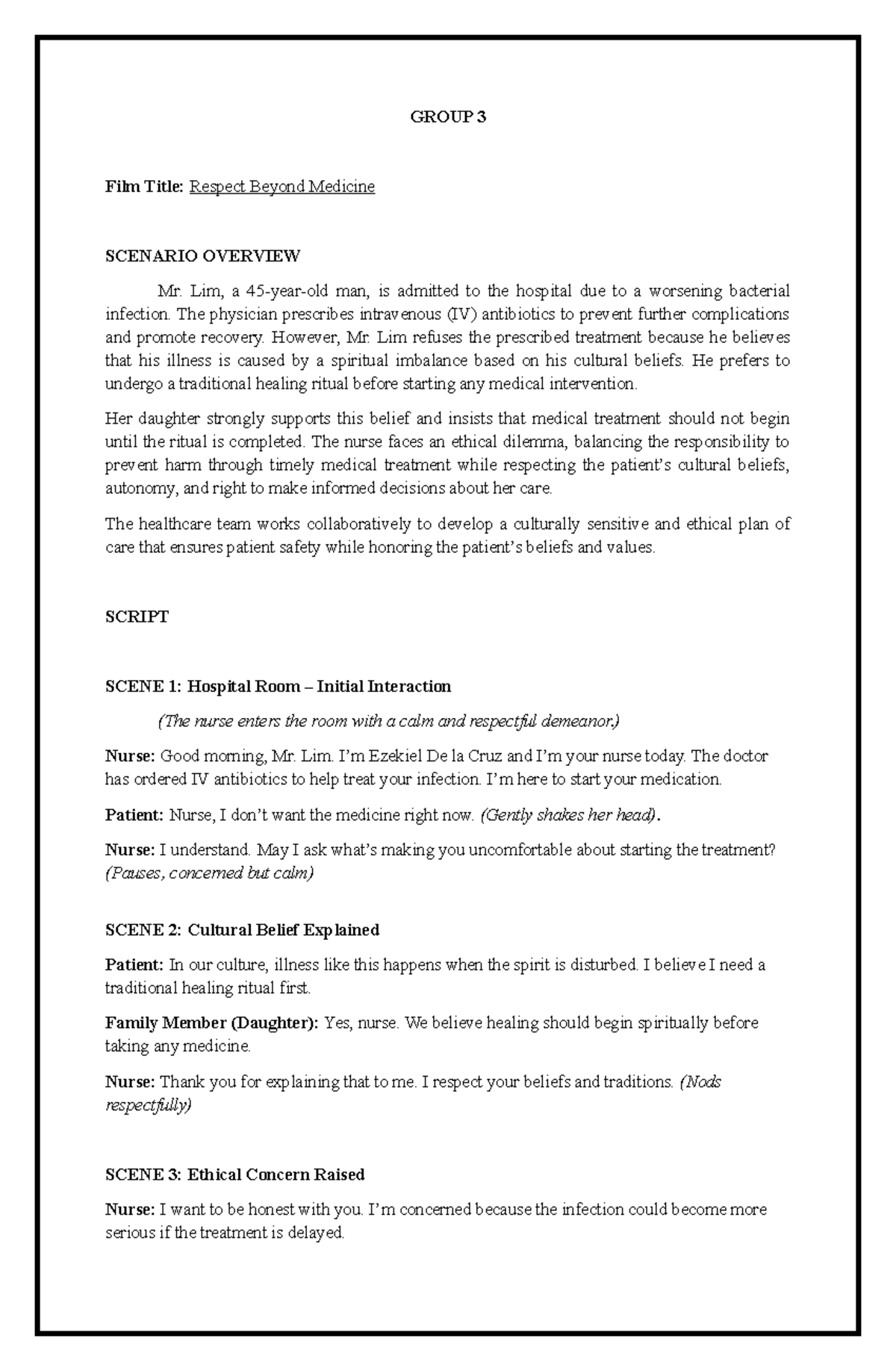 GROUP 3 Film Script: Respecting Cultural Beliefs in Healthcare - Studocu