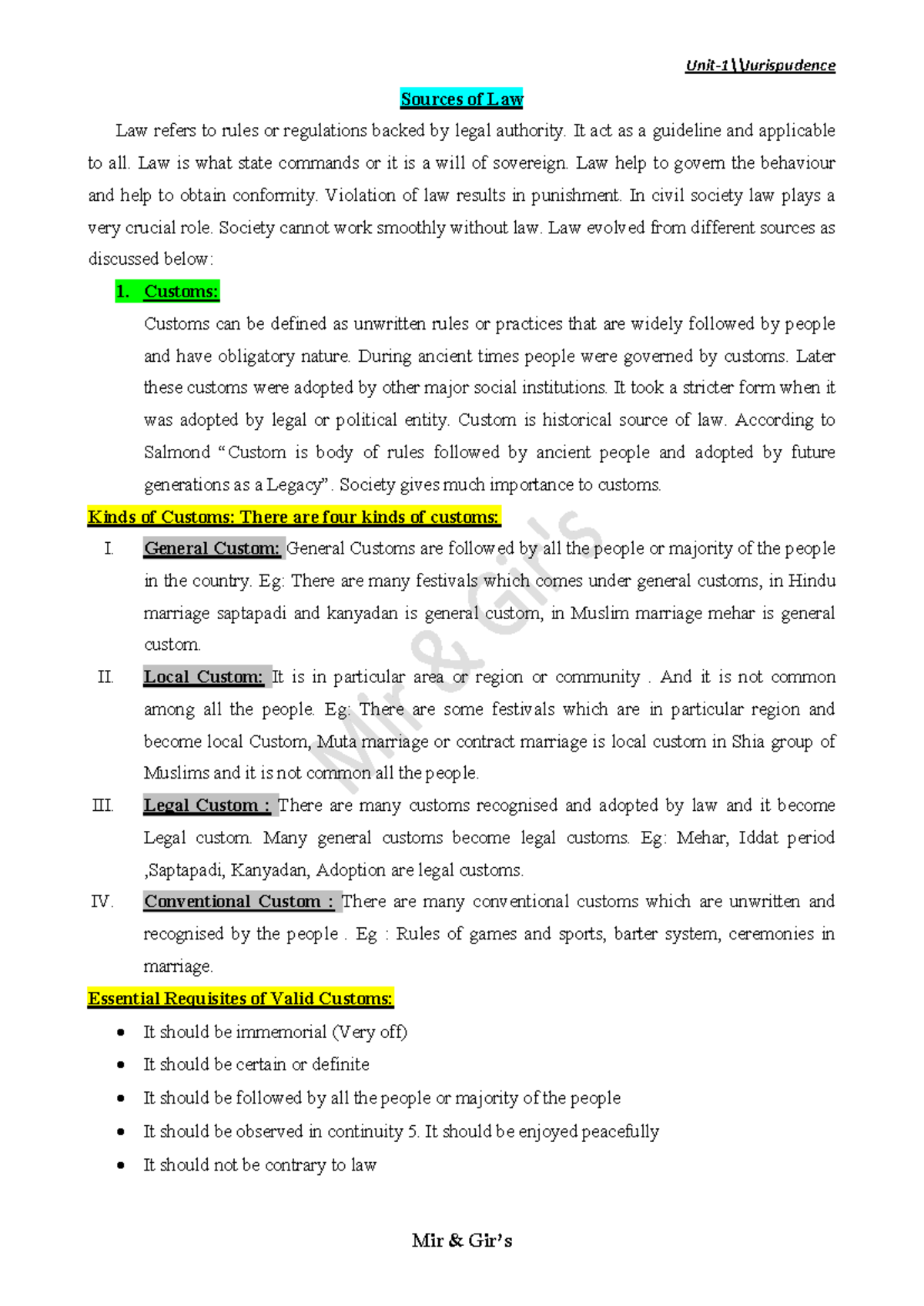 Jurisprudence Unit 1 notes 3Y LLB (Mir & Gir's) - Sources of Law Law ...