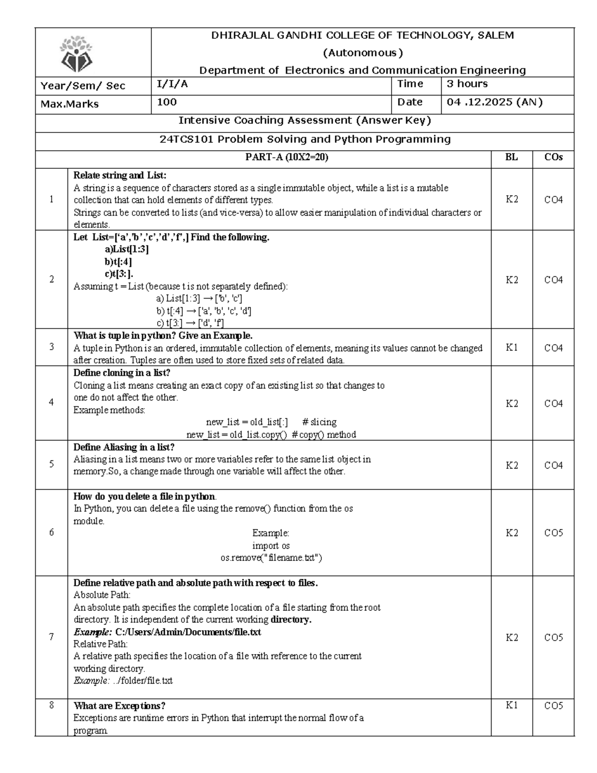 DHIRAJLAL GANDHI COLLEGE OF TECHNOLOGY 24TCS101 Python Programming ICA ...