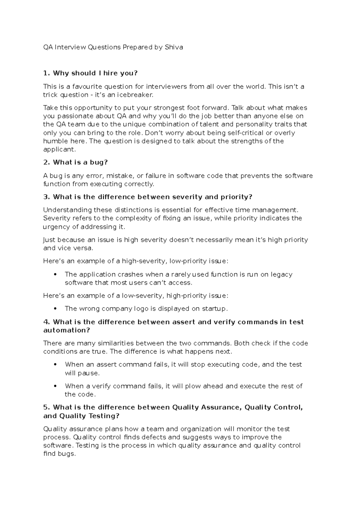 QA Interview Questions Guide for Aspiring Applicants by Shiva - Studocu