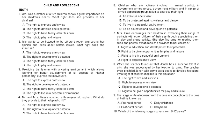 CHILD AND ADOLESCENT TEST 1 & 2: Rights, Development, and Theories ...