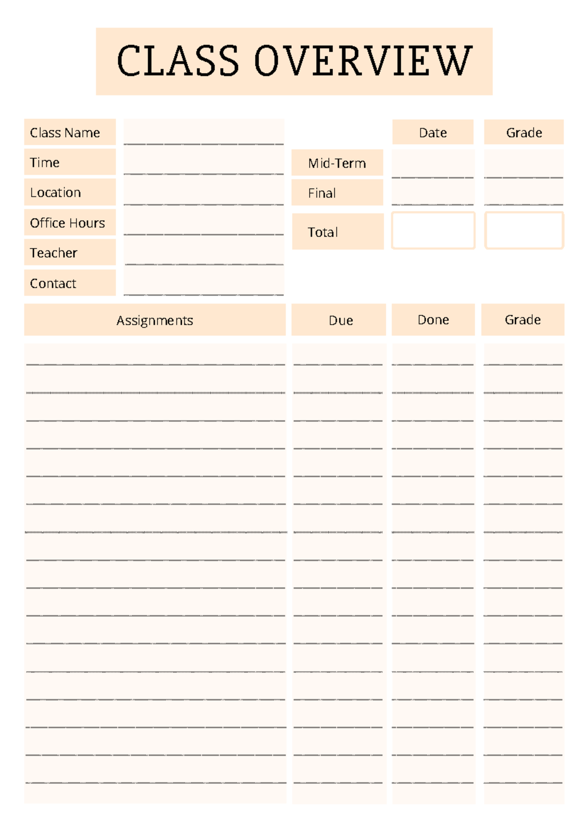 Student Planner - Assignments Due Done Grade Date Grade Final Total Mid ...