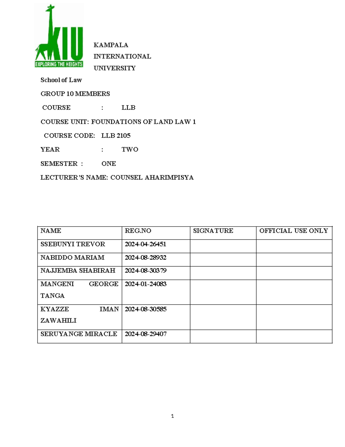 LAND LAW LLB 2105 - GROUP 10 STUDY NOTES - Studocu