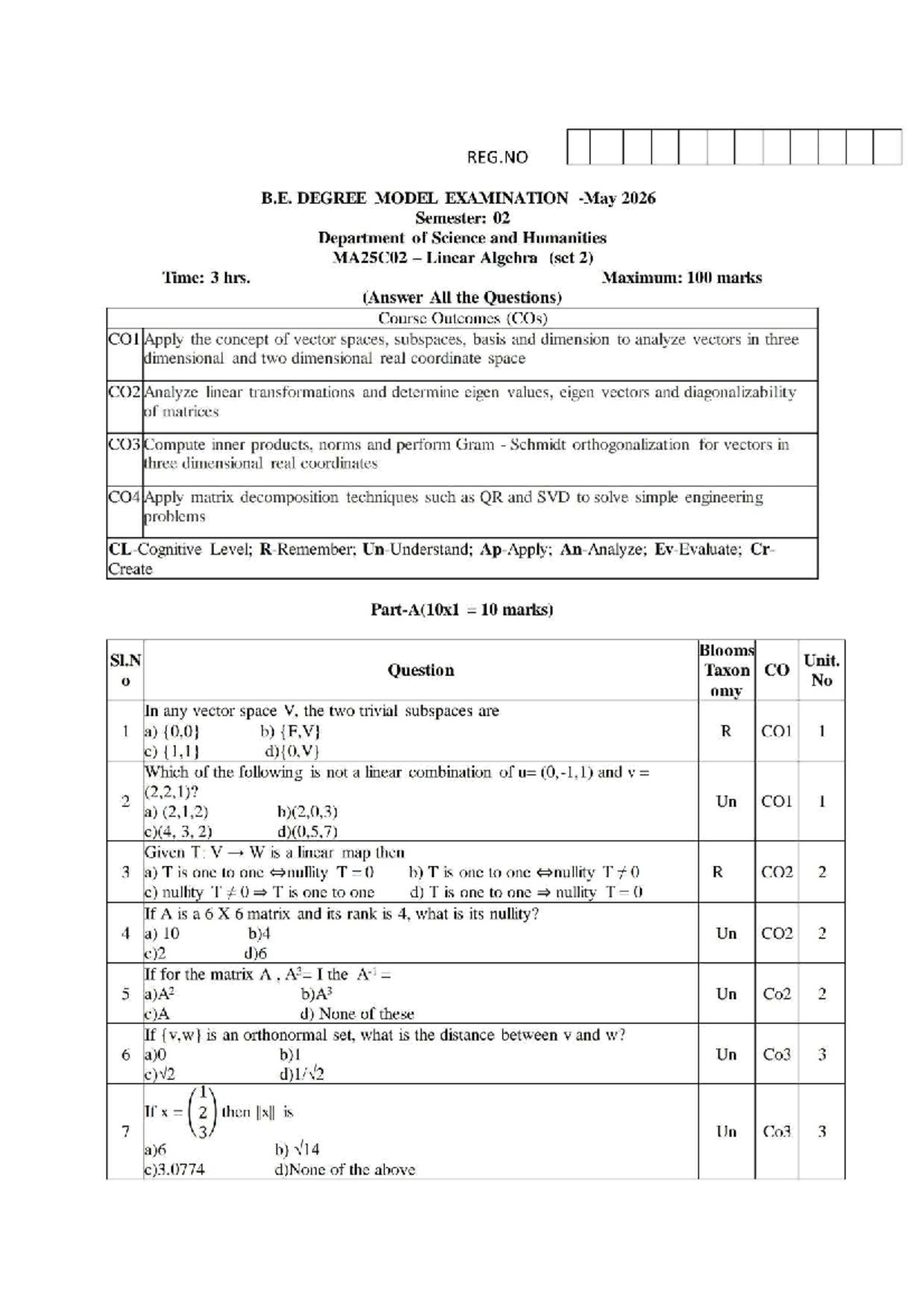 MA25C02 Linear Algebra Model Exam Question Paper 2026 - Studocu