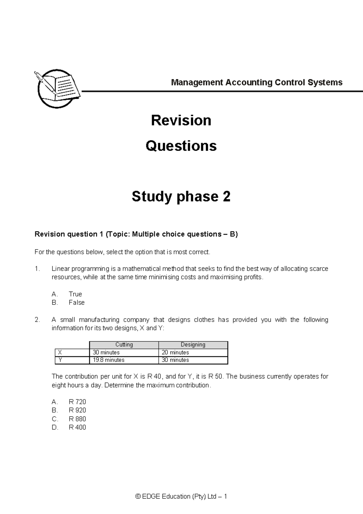 Final Exam Revision Questions for Management Accounting (ACC 101) - Studocu