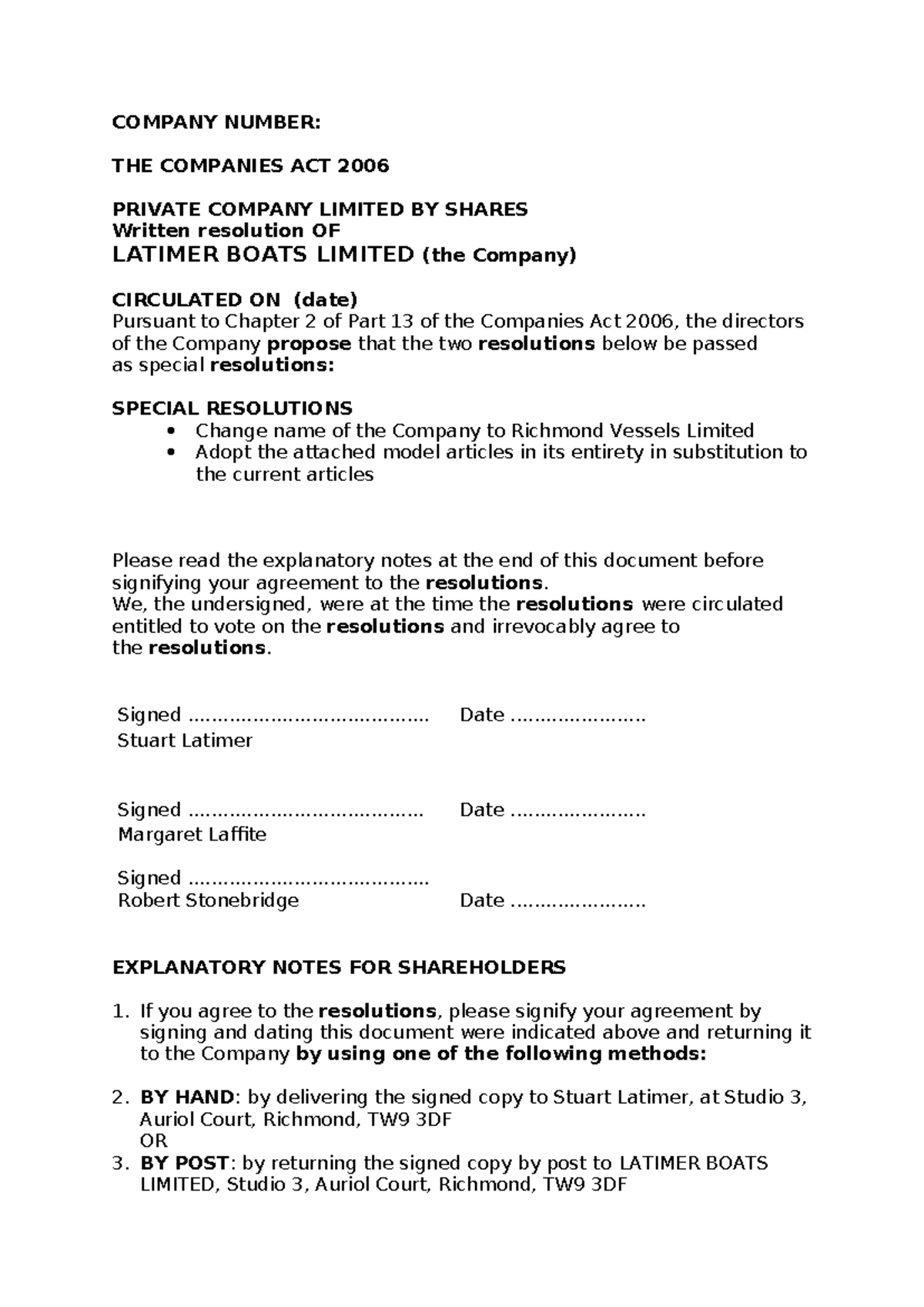 Precedent Written Resolution for Latimer Boats Ltd. (Private Company ...