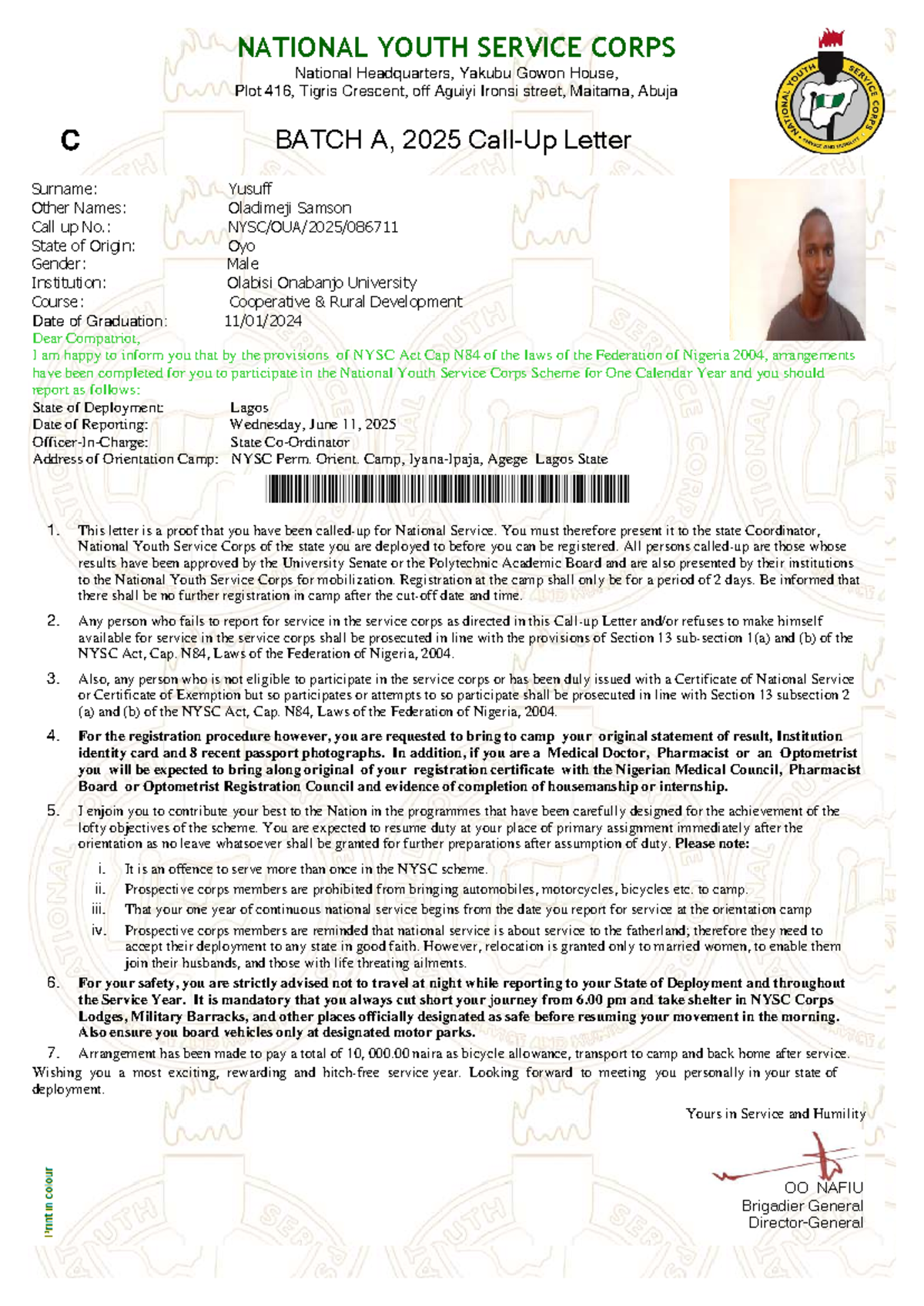 NYSC Call-Up Letter for Batch A 2025: Yusuff Oladimeji Samson - Studocu