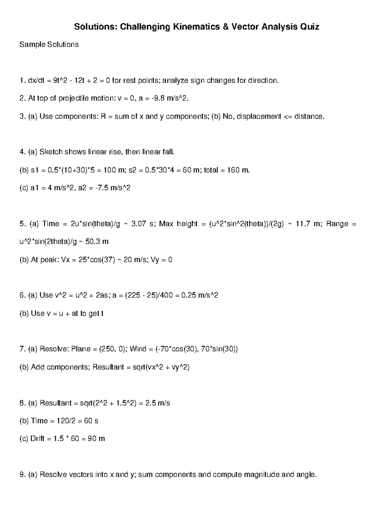 Challenging Kinematics Vector Analysis Quiz Solutions (Sample) - Studocu