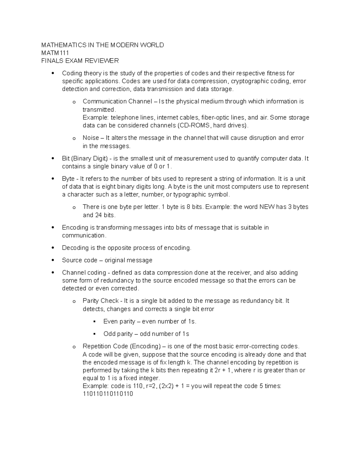 MATM Finals Exam Reviewer: Key Concepts in Modern Mathematics - Studocu