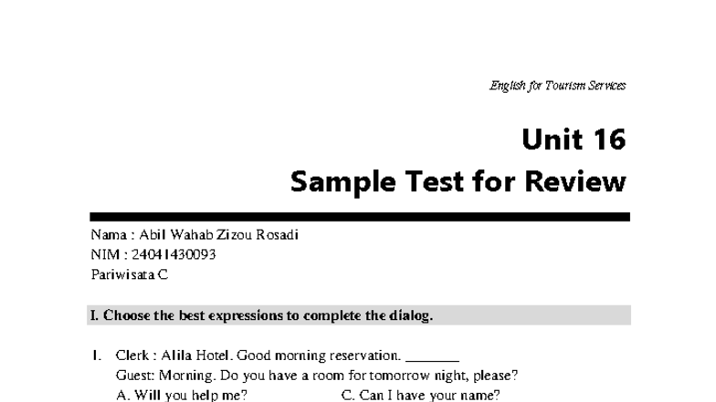 English for Tourism Services Unit 16 Review Test - Abil Wahab Zizou ...