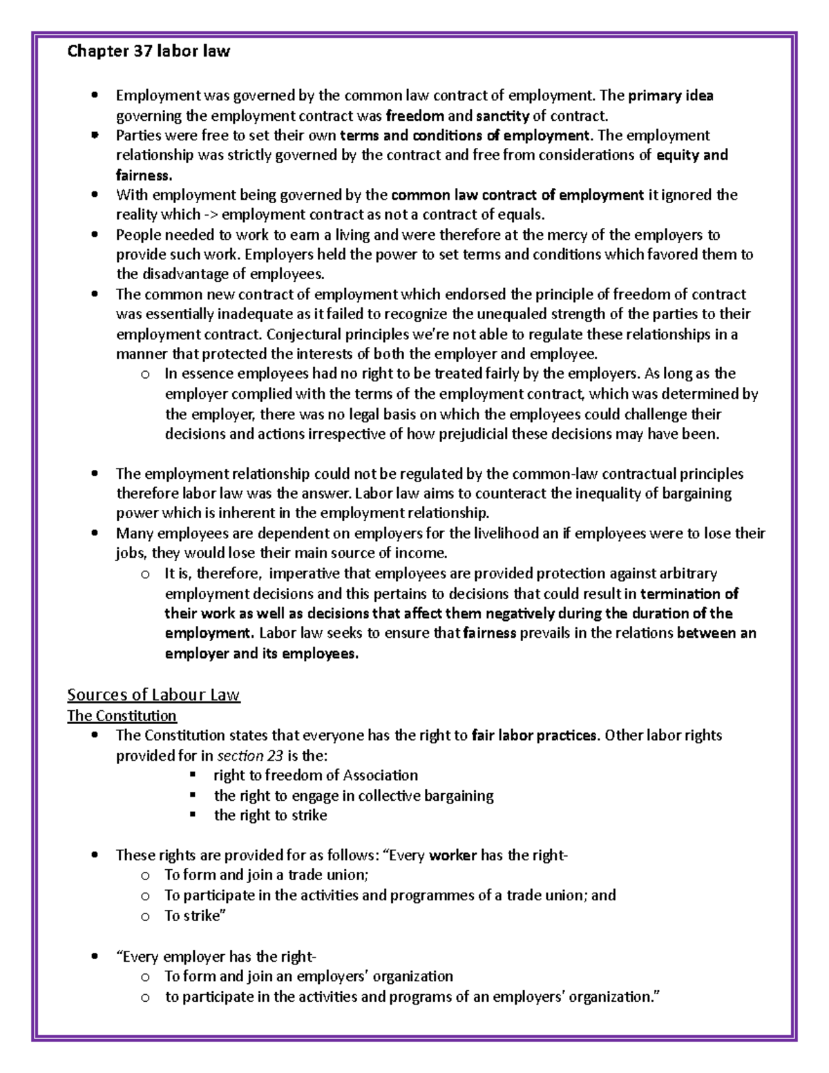 Chapter 37 - Overview of Labour Law and Employment Contracts - Studocu