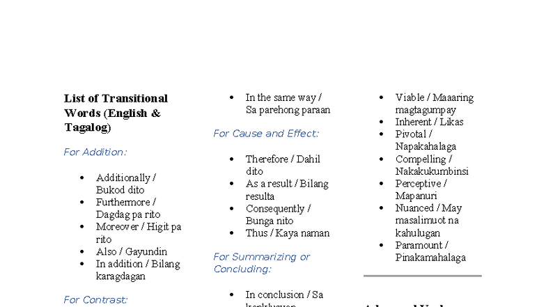List of Transitional Words for Essays (ENG-TAG) - Studocu
