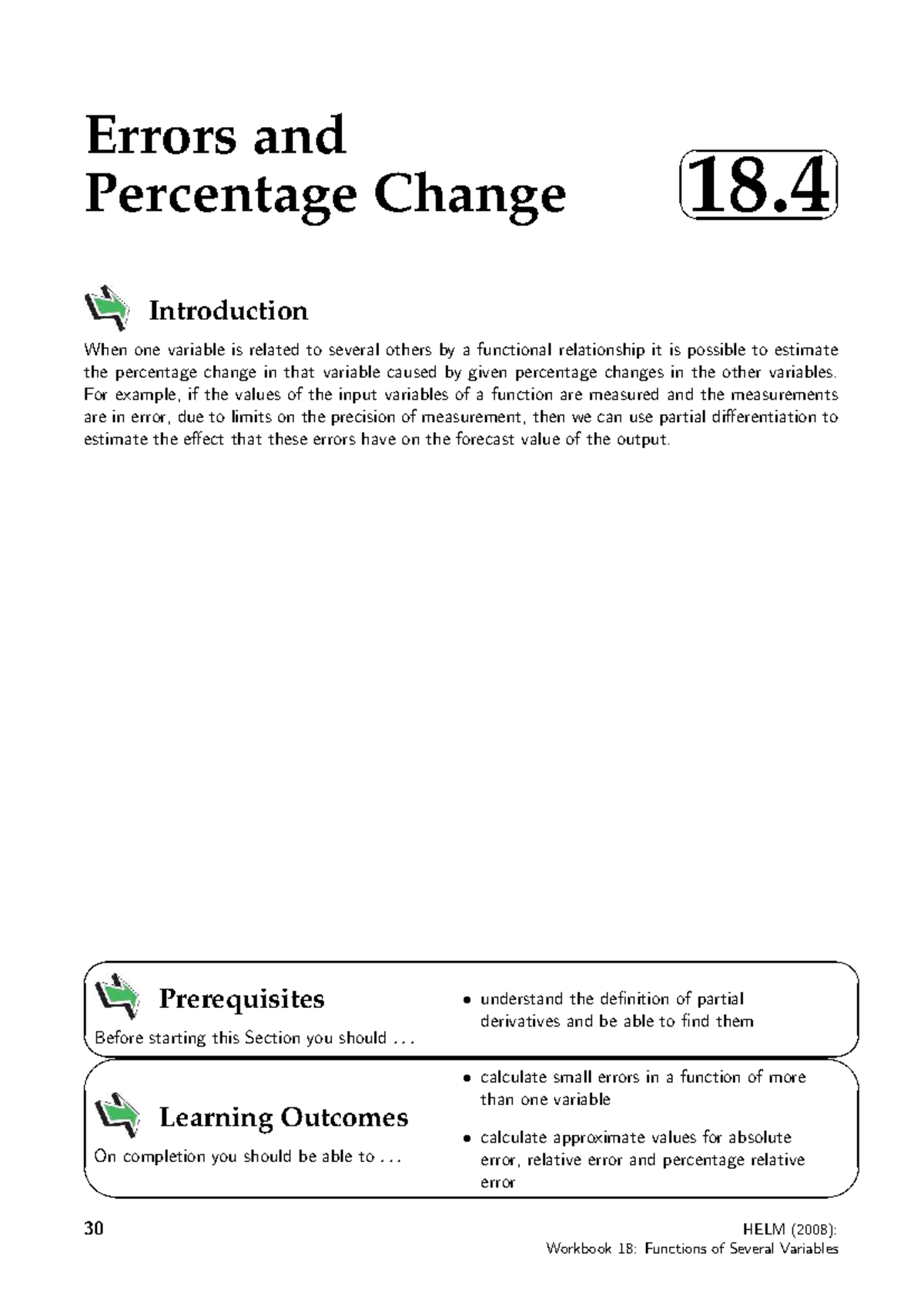 Errors and Percentage Change in Functions of Several Variables (18.4 ...