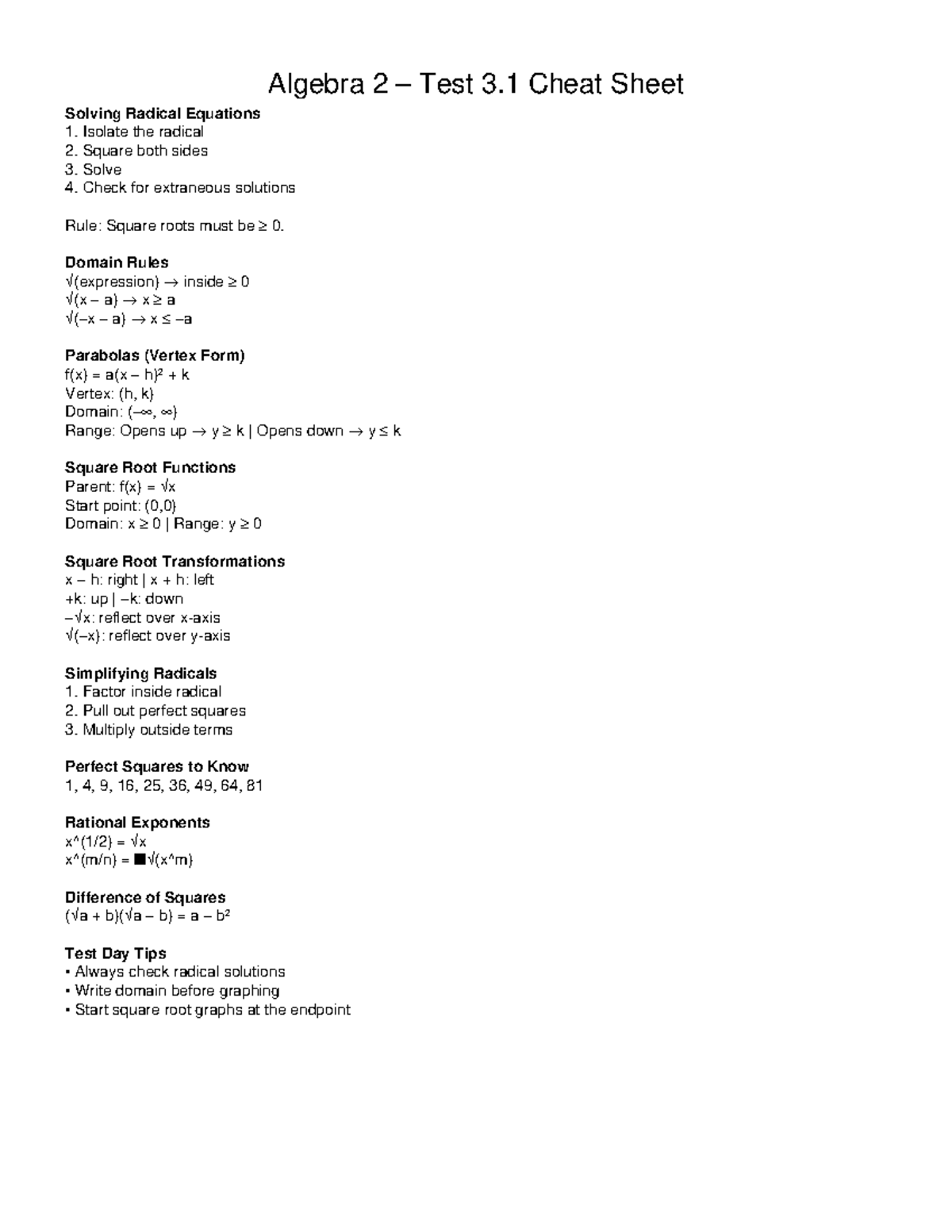 Algebra 2 Test 3 Cheat Sheet: Solving Radical Equations - Studocu