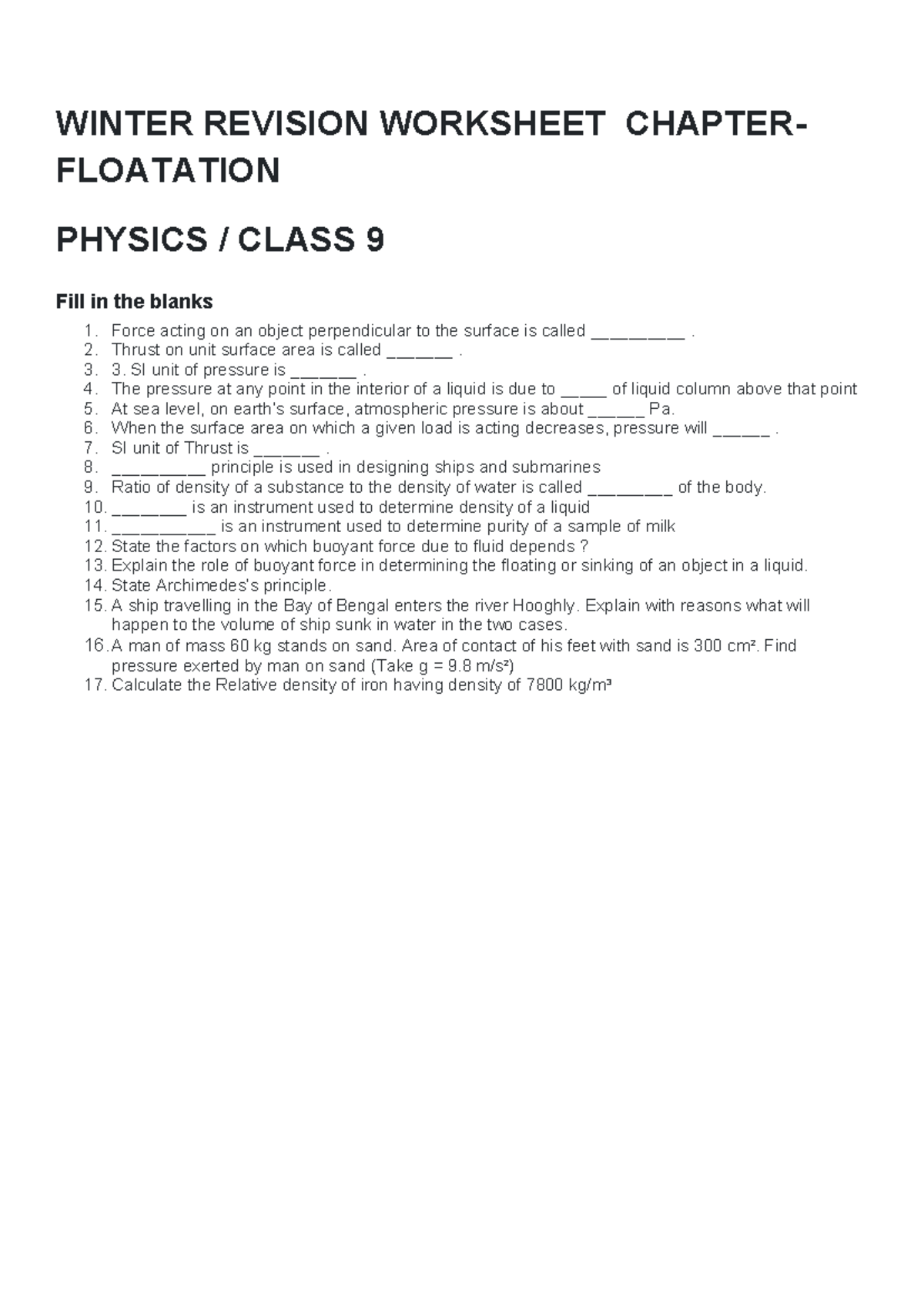 Winter revision worksheet-class 9 -Physics-floatation - WINTER REVISION ...