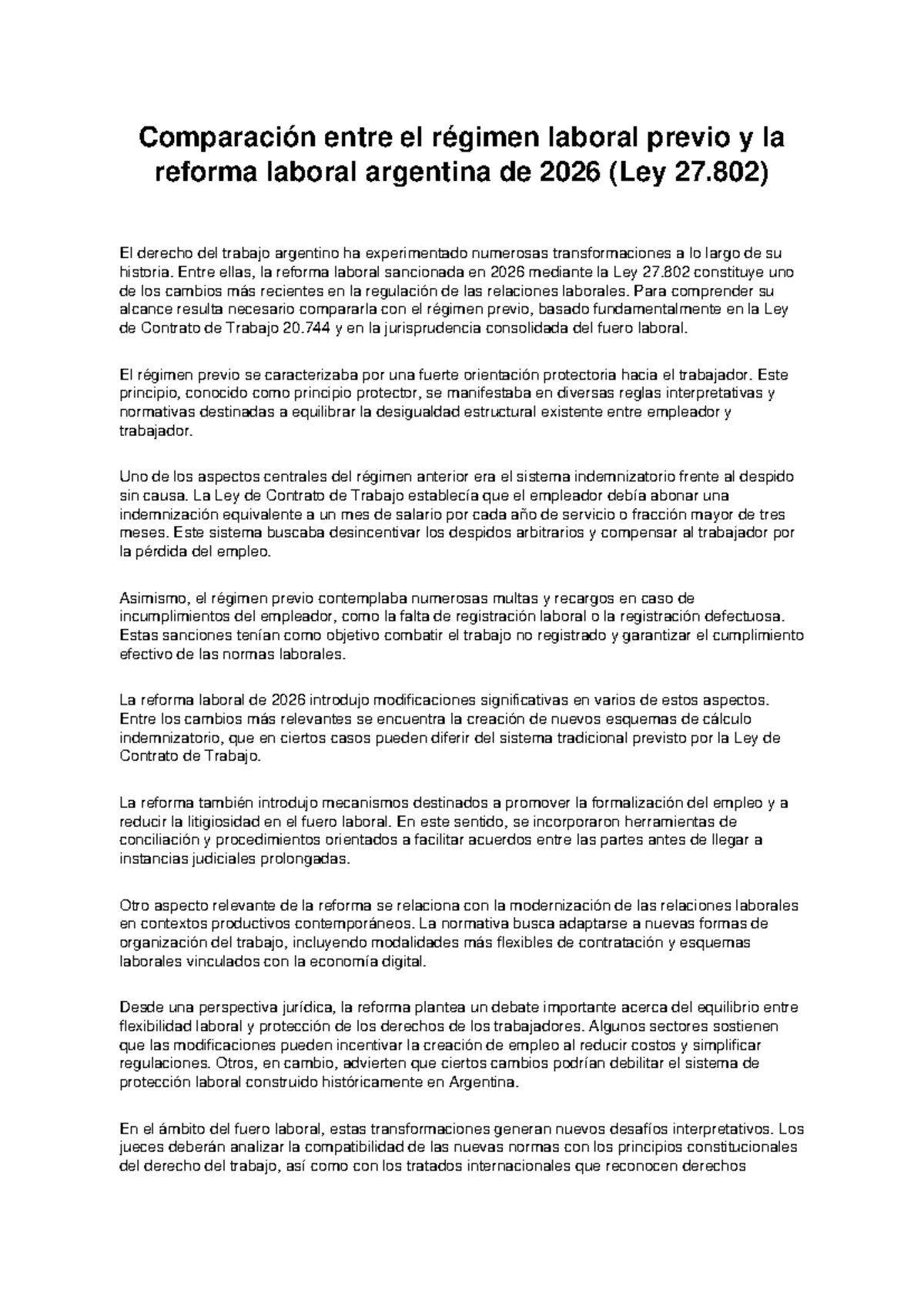 Ensayo sobre la Reforma Laboral Argentina 2026 (Ley 27.802) - Studocu