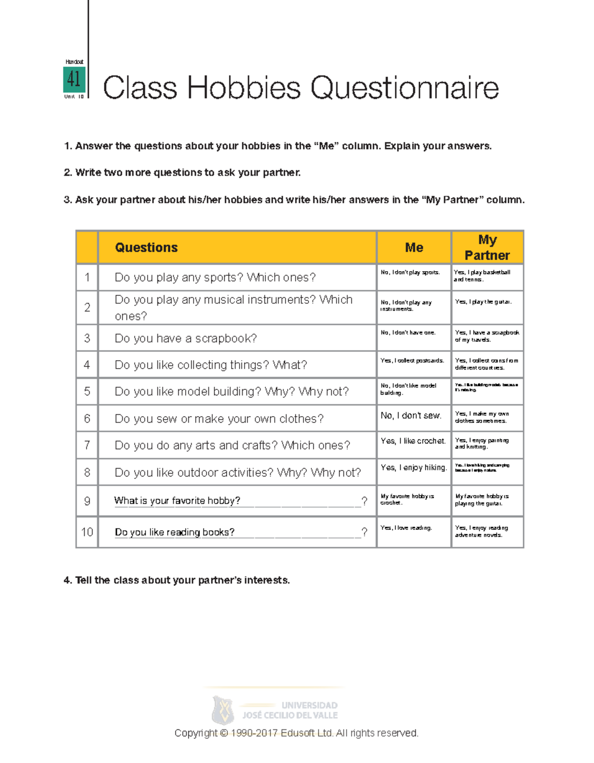 20 Basic II Unit 10 Hobbies Class Questionnaire Handout - Studocu