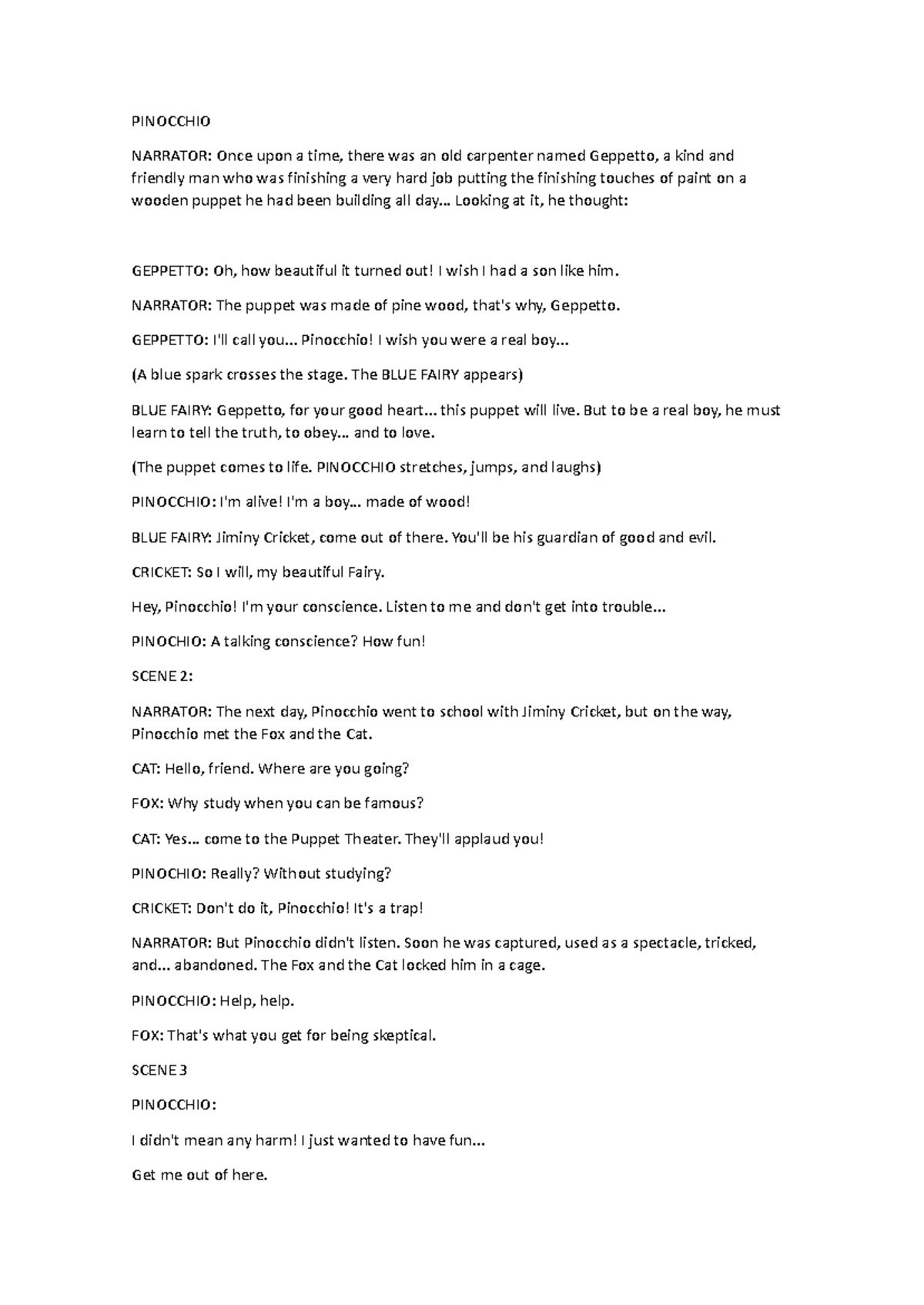 PINOCCHIO: A Play Script for English Class (ENG 101) - Studocu