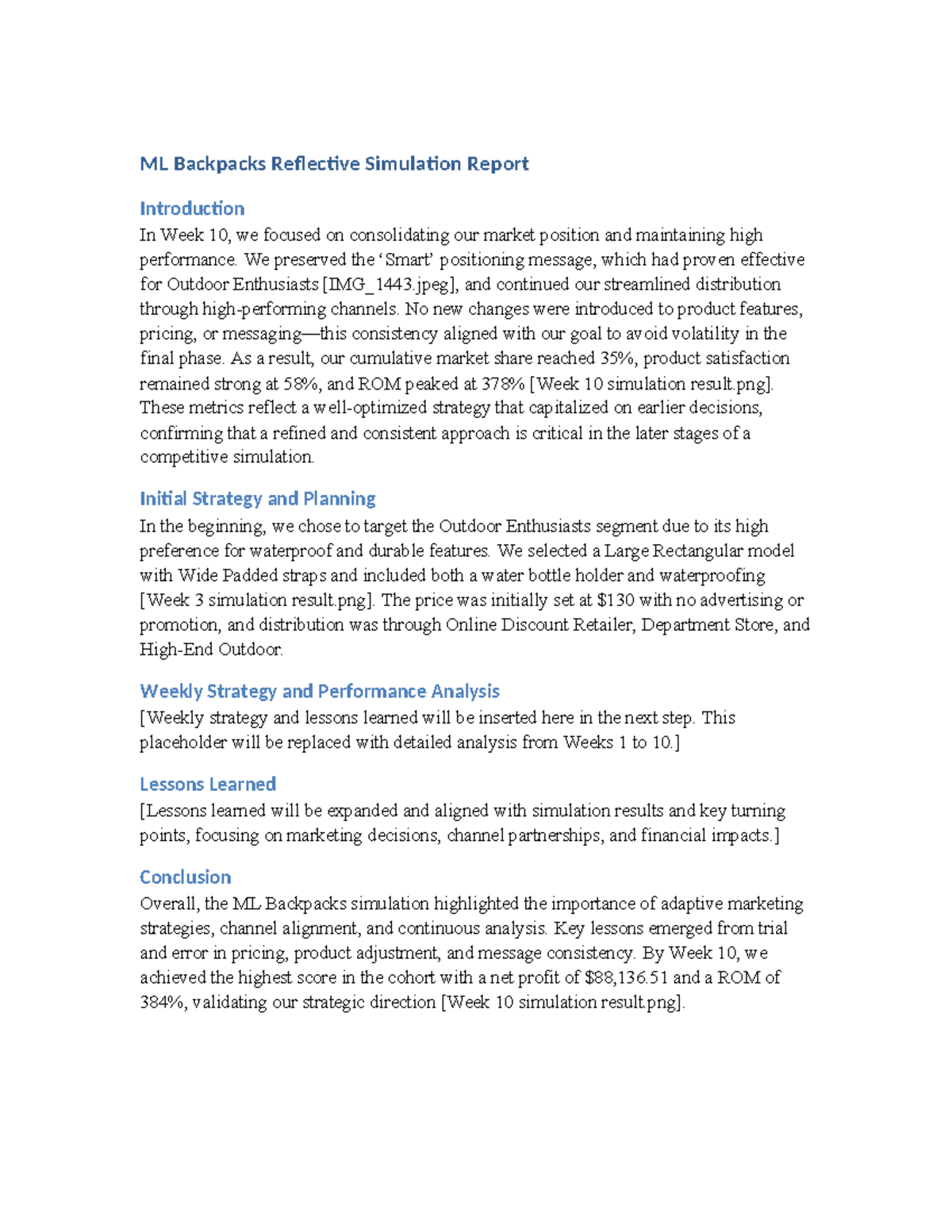 ML Backpacks Reflective Simulation Report - Week 10 Analysis - Studocu