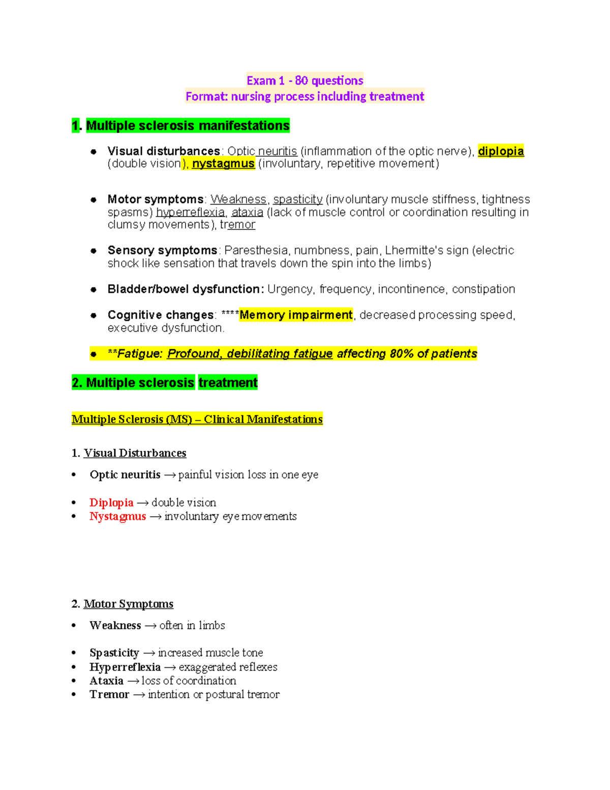 Exam 1 MS3 Blueprint: Key Concepts on Multiple Sclerosis and Nursing ...