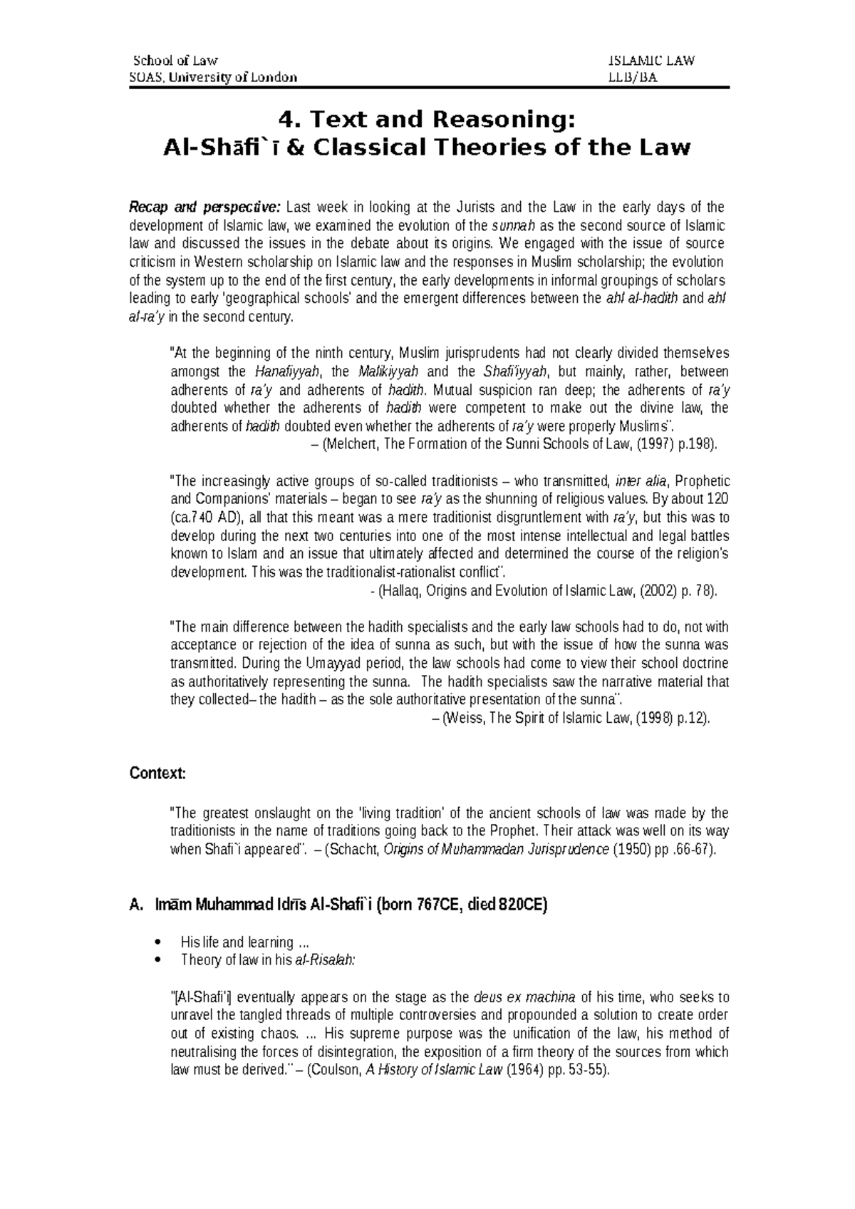 Lecture Note 4 Islamic Law 2024-2025 - SOAS, University of London LLB ...