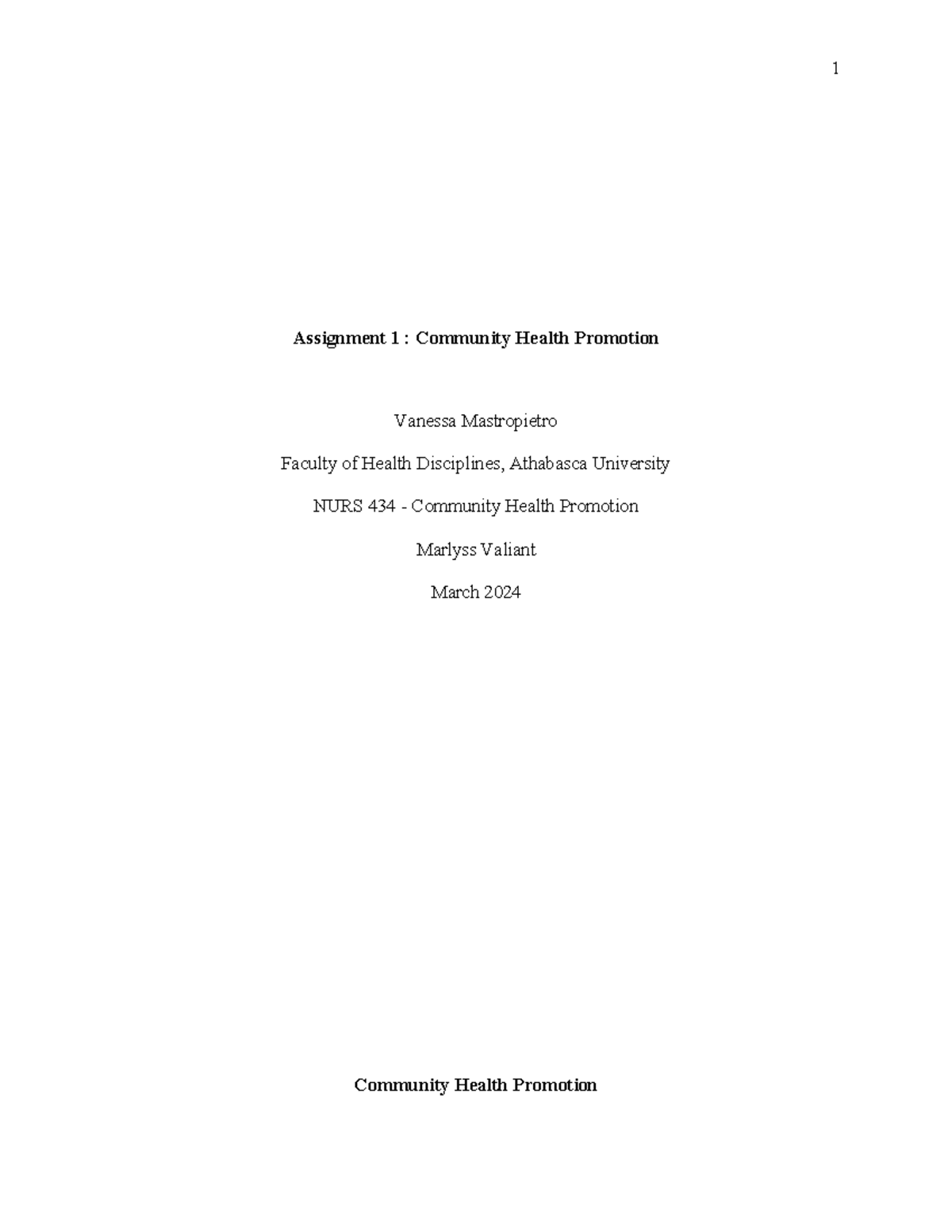 NURS 434 - Assignment 1b: Community Health Promotion Overview - Studocu