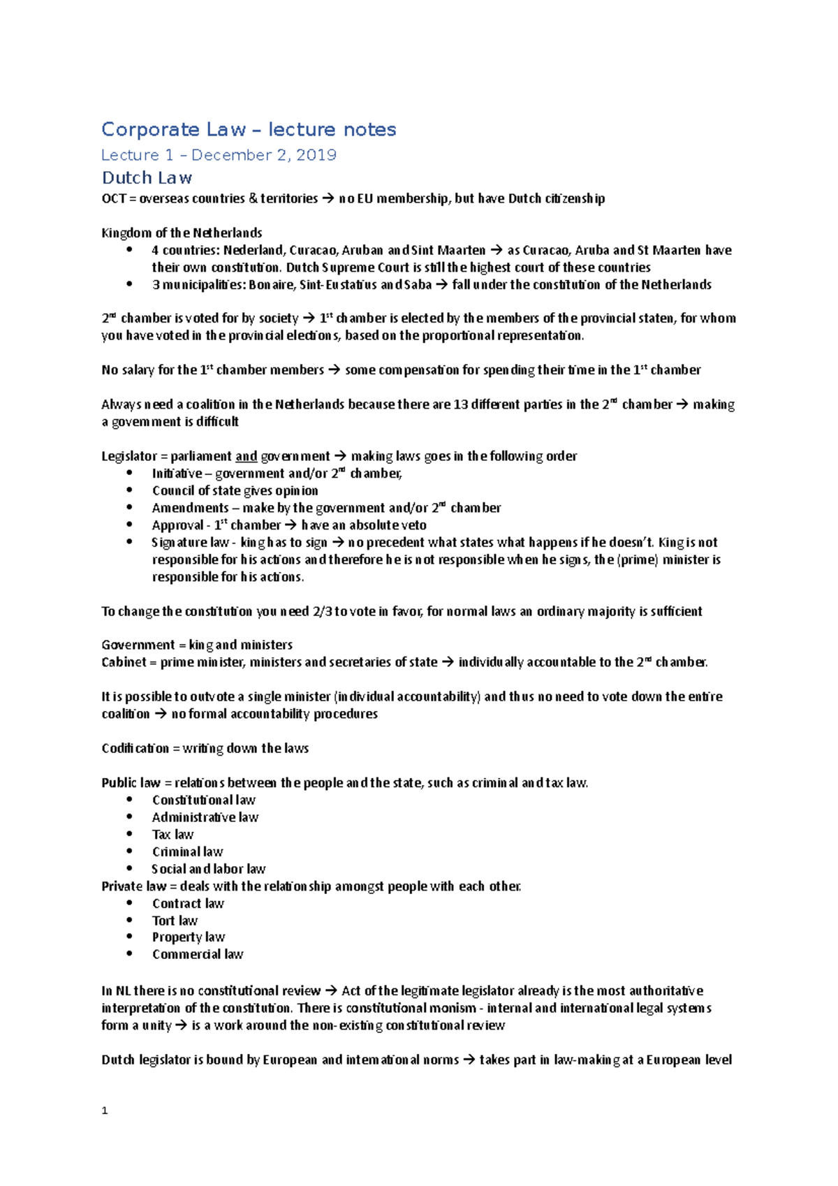Corporate Law - Lecture Notes (Course Code: CL101) - Studeersnel