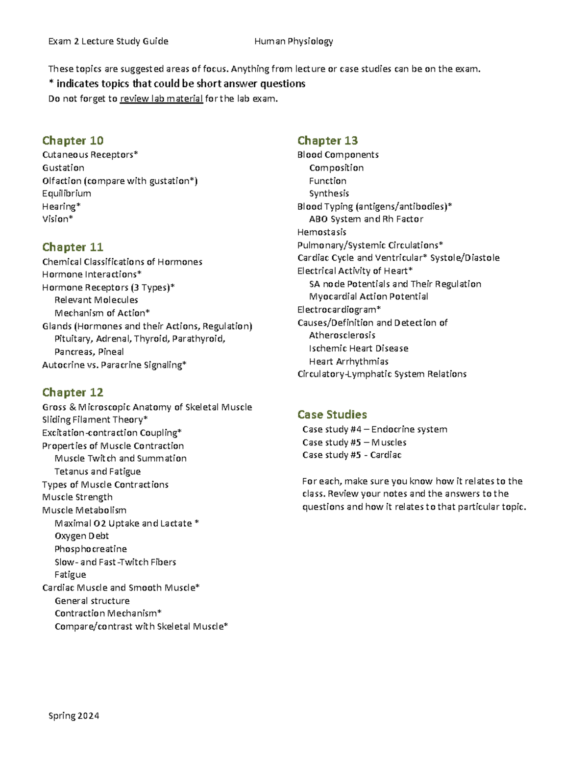 Final Exam Study Guide for Human Physiology (Course Code: Fall 2024 ...