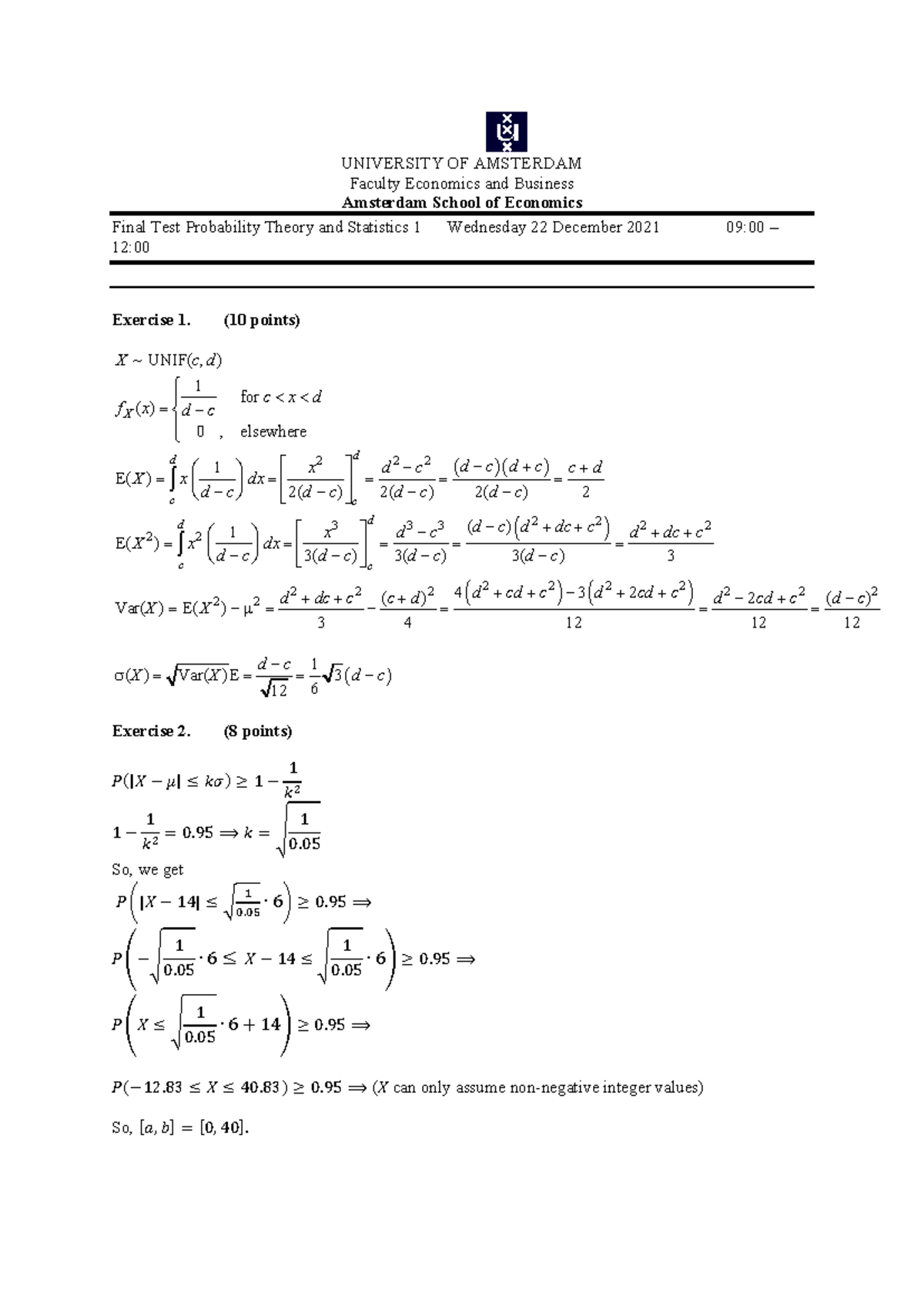 Final Exam Solutions for PTS1 - Probability Theory & Statistics 1 ...