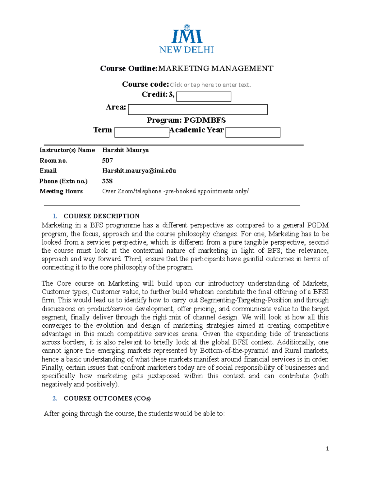 MM CO BFS 22-24 Term I Marketing Management Course Outline and Overview ...
