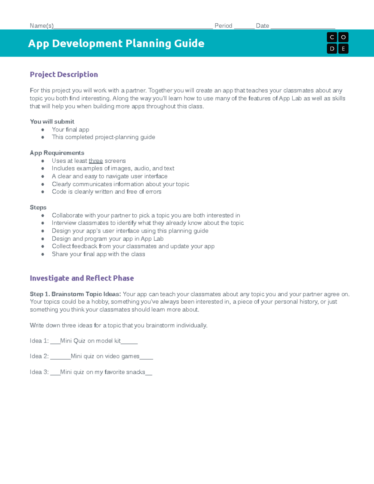 Copy of CSP Unit 3 App Development Planning Guide - Google Docs - - Studocu