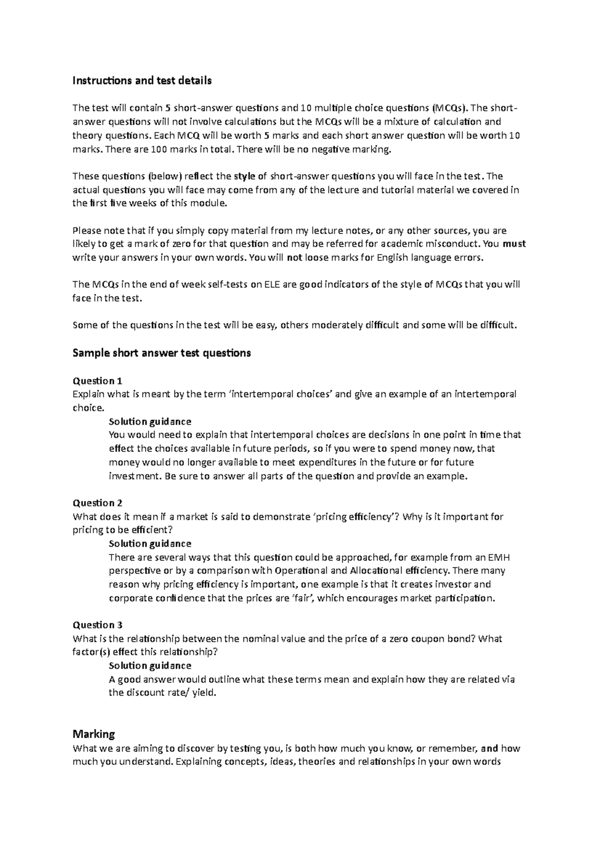 Sample short answer test questions - Instructions and test details The ...