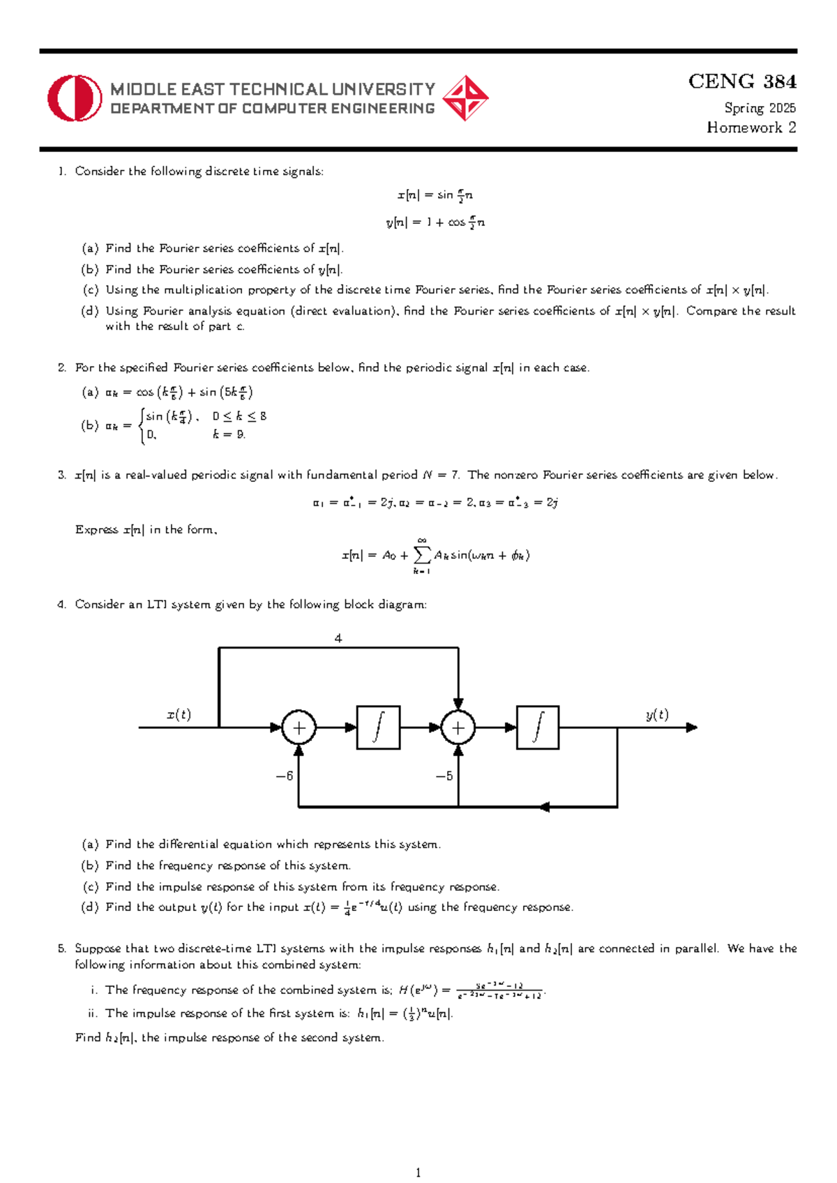 CENG 384 Spring 2025 Homework 2: Fourier Series & LTI Systems Analysis ...