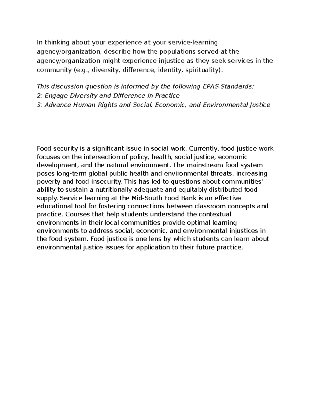 SWK-280 Topic 6 - DQ2: Exploring Injustice in Community Services - Studocu