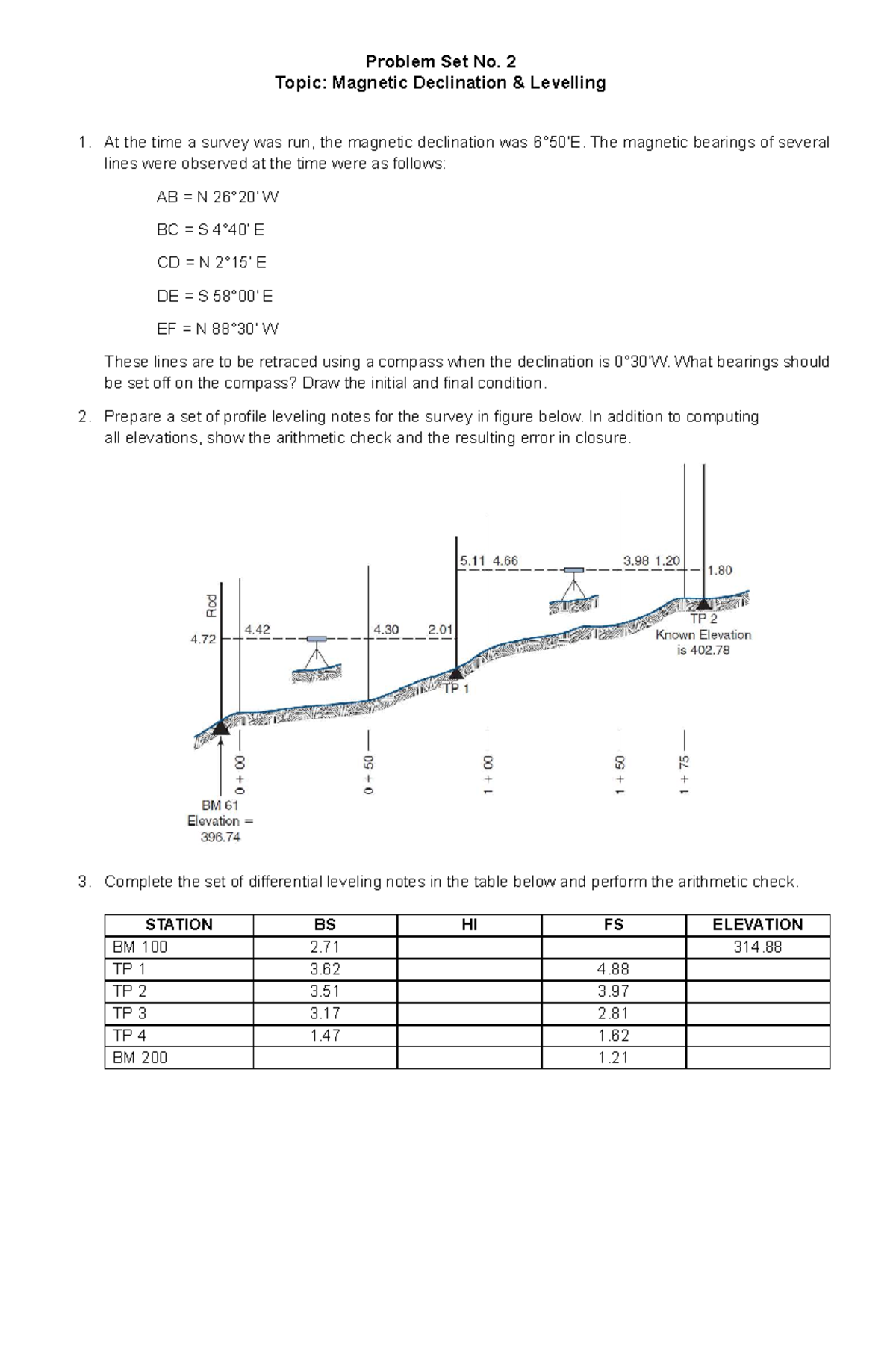 Problem Set No. 2: Magnetic Declination & Leveling Techniques - Studocu