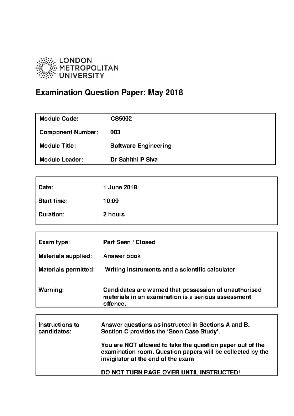 CS5002 May 2018 Software Engineering Exam Questions - Studocu