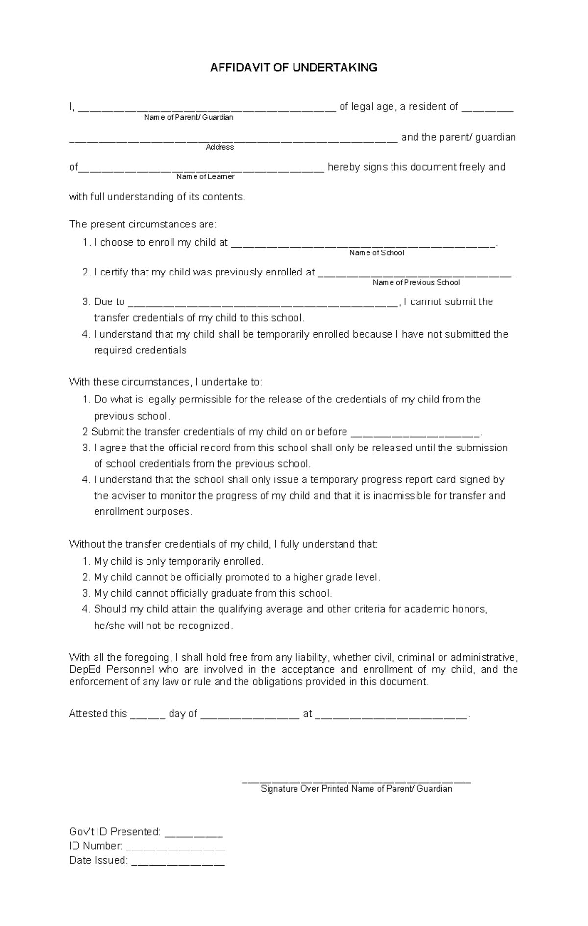 Affidavit-OF- Undertaking - AFFIDAVIT OF UNDERTAKING I